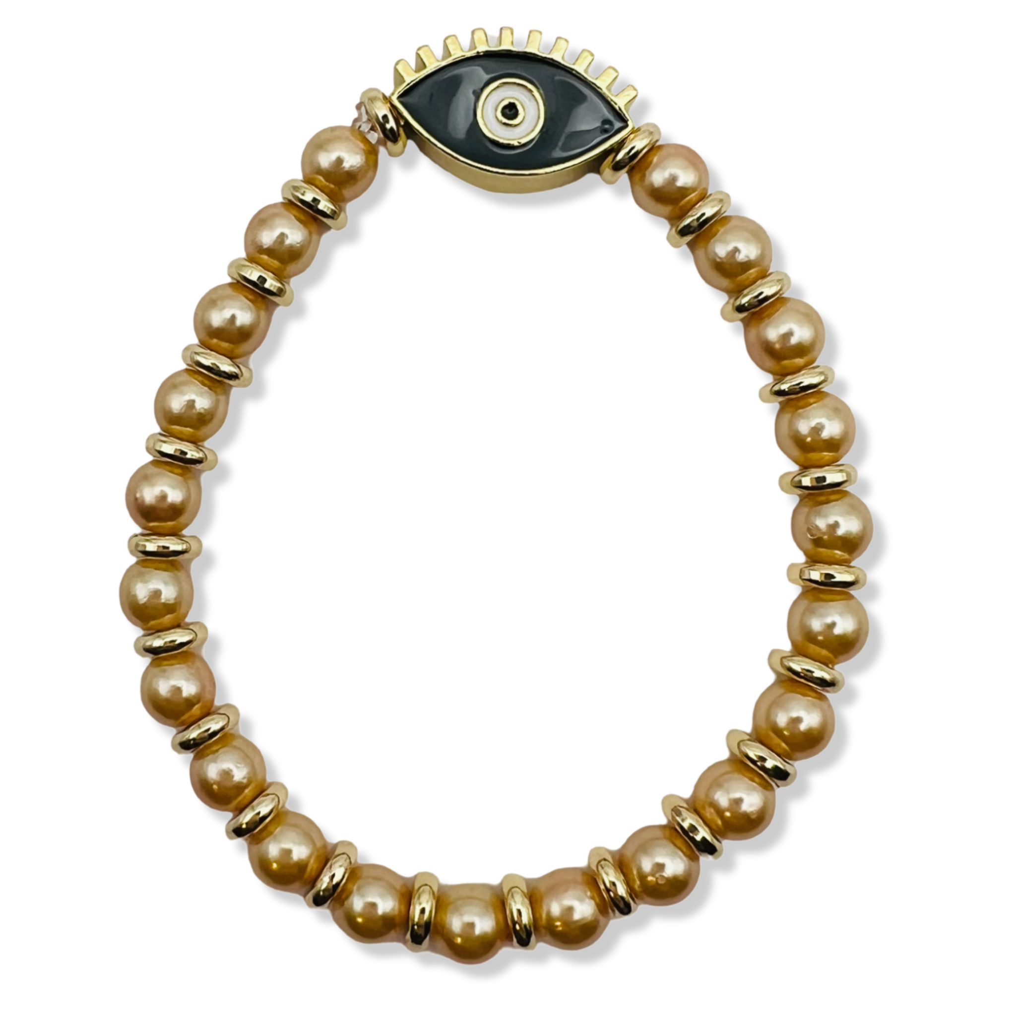 Bronze brown pearl and gold rondelle stretch bracelet with black enamel evil eye centerpiece by HOLST+LEE