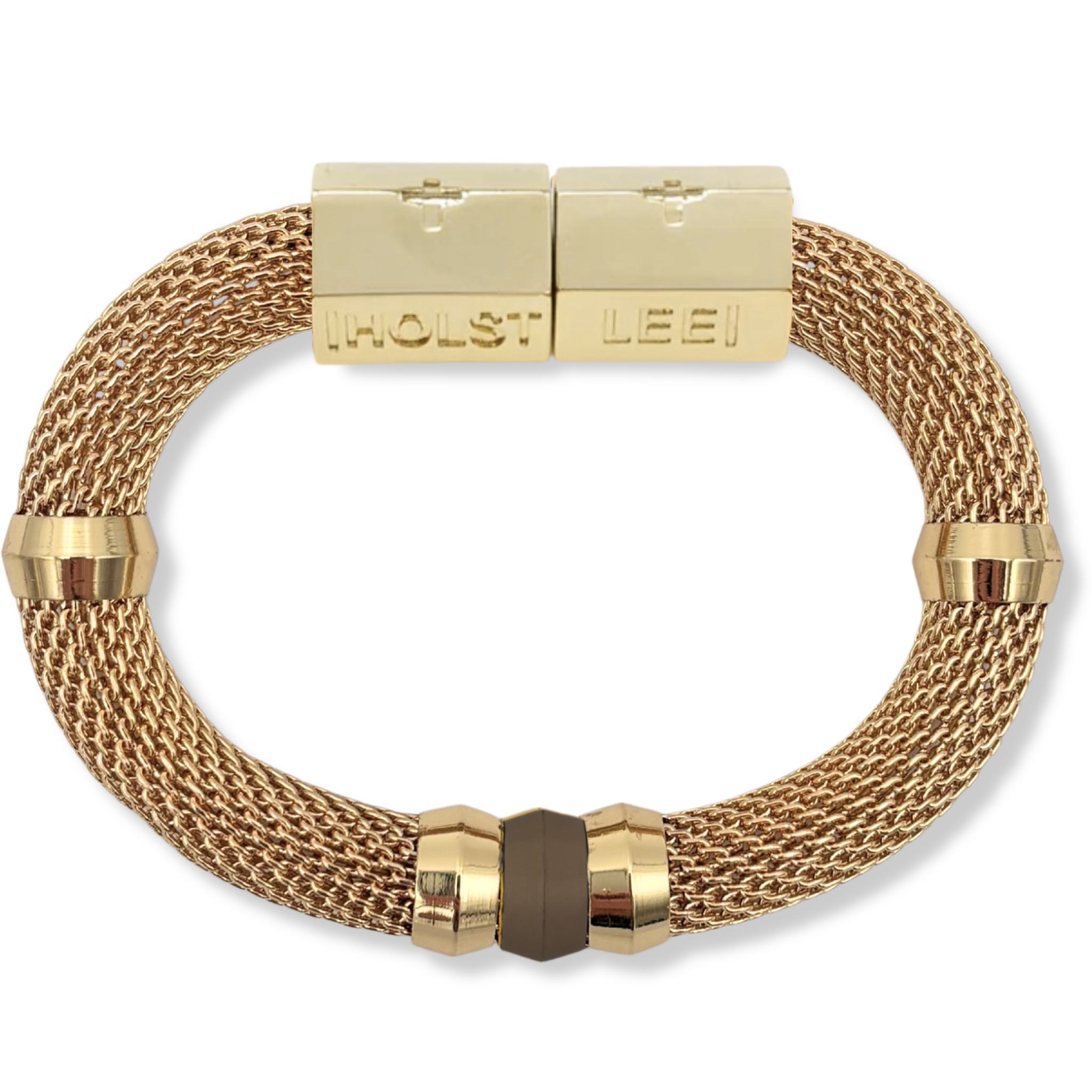 Gold woven mesh bracelet with brown ferrule accent and 18K gold-filled magnetic clasped bracelet by HOLST+LEE