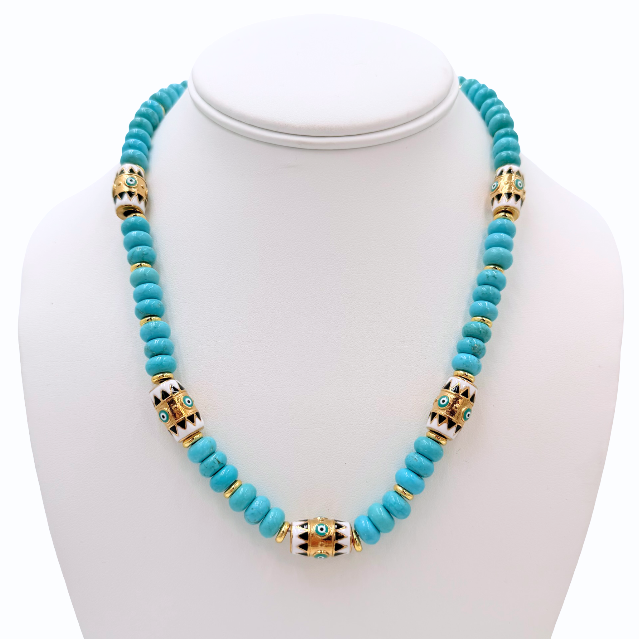 Turquoise beaded necklace with enamel evil eye beads and gold accent beads by HOLST+LEE