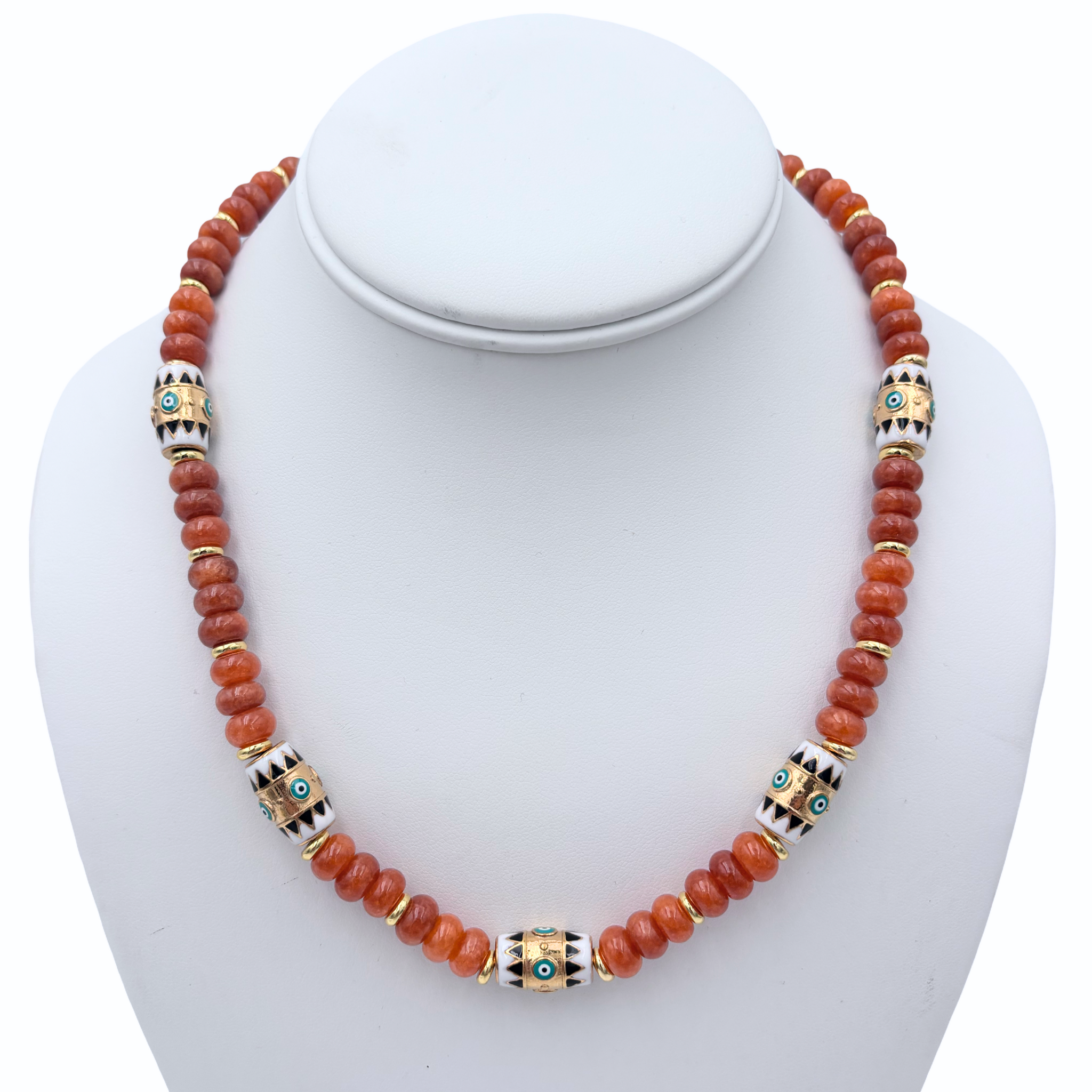 Carnelian beaded necklace with enamel evil eye beads and gold accent beads by HOLST+LEE