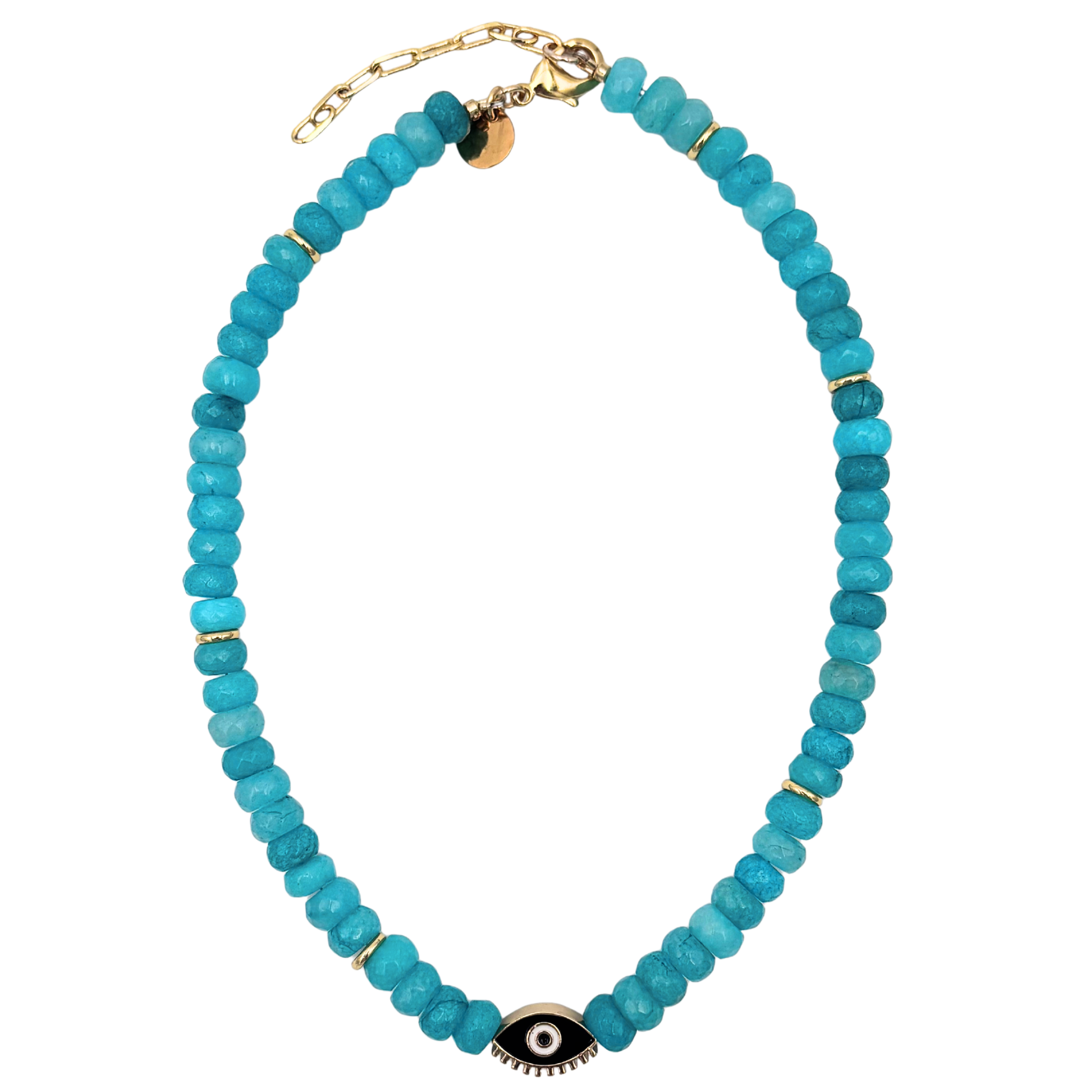Turquoise beaded necklace with enamel evil eye bead and gold accent beads by HOLST+LEE