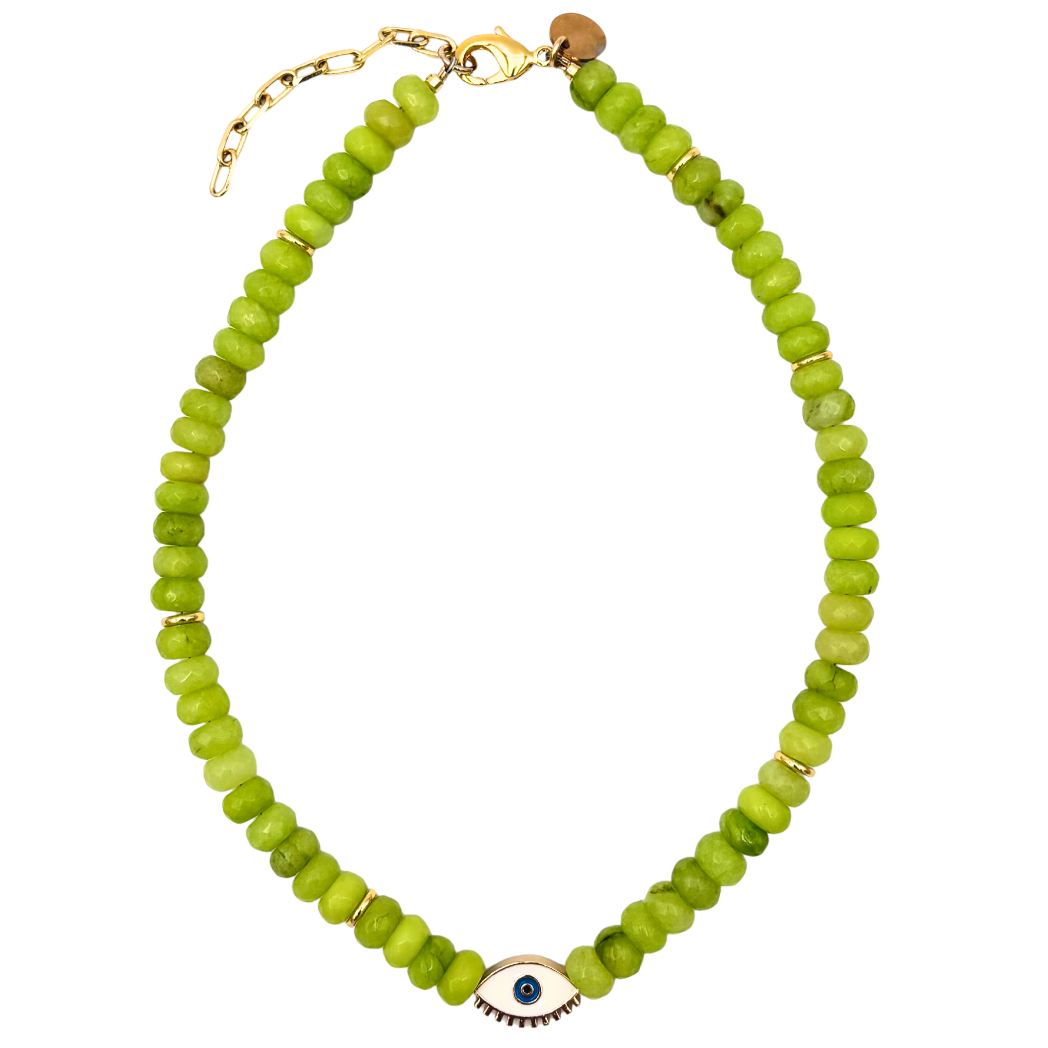 Green Quartz beaded necklace with enamel evil eye bead and gold accent beads by HOLST+LEE