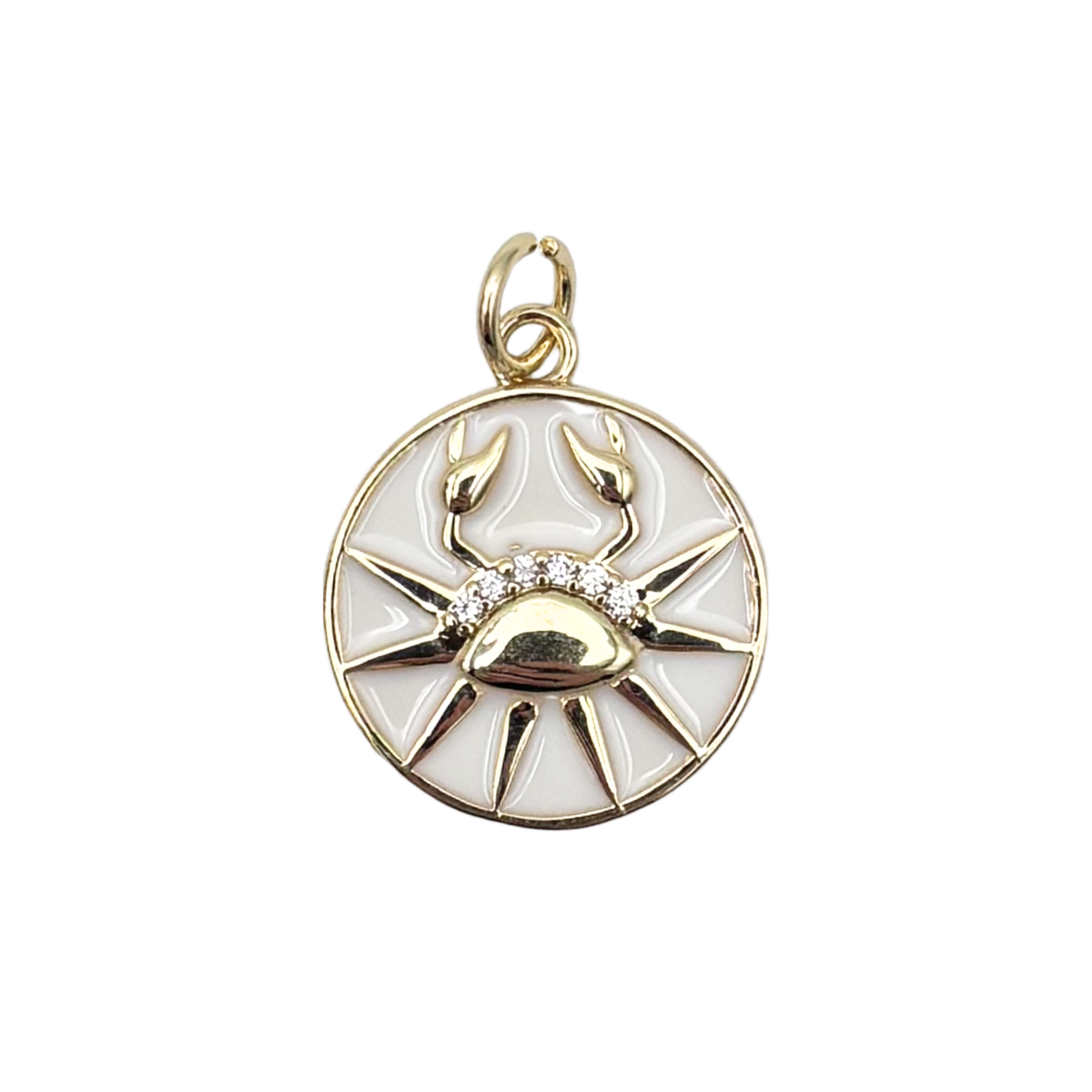Cancer zodiac charm pendant with white enamel sunburst disc, gold crab symbol, and crystal accent details by HOLST+LEE