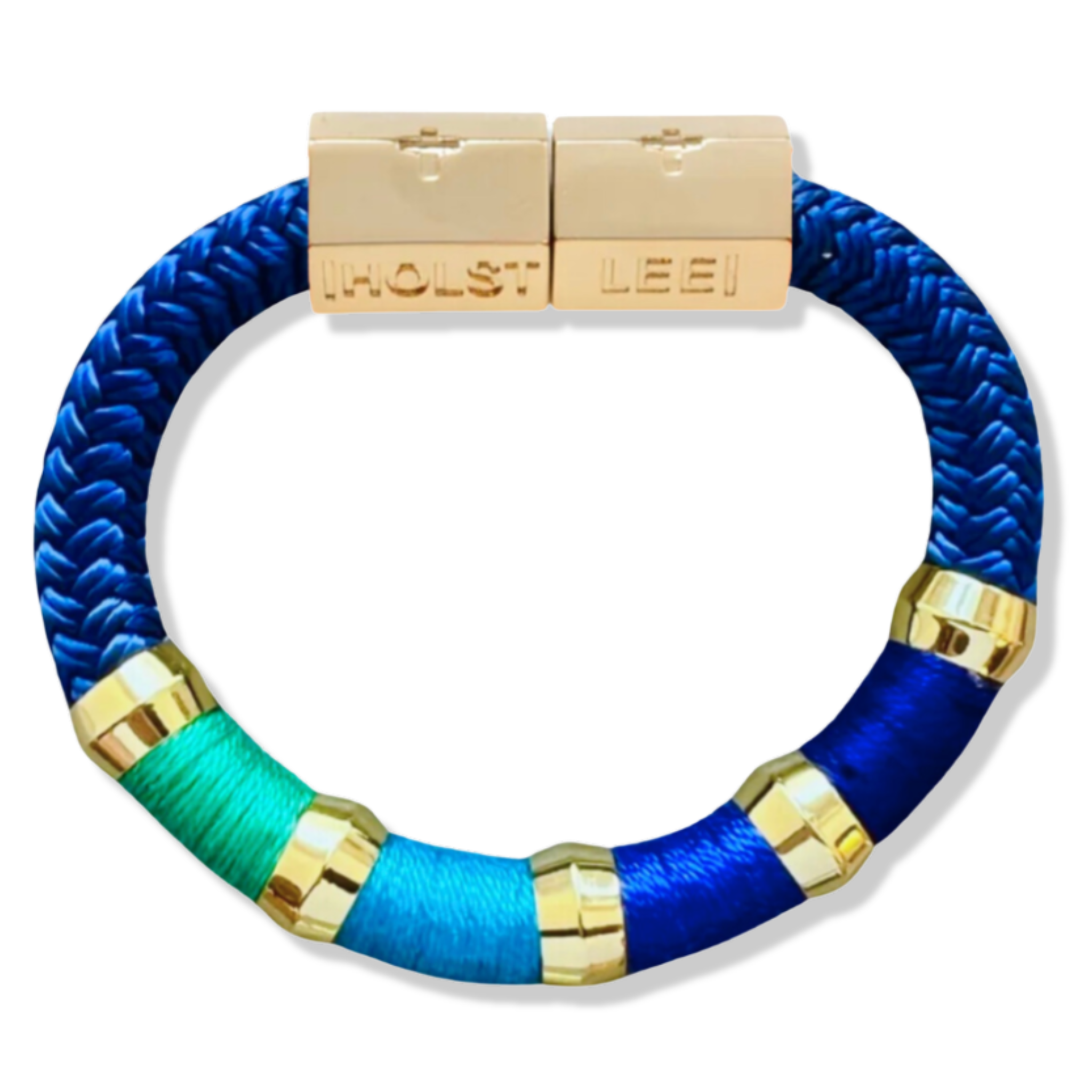 Blue braided rope bracelet with gold magnetic clasped bracelet and gold  ferrules by HOLST+LEE 