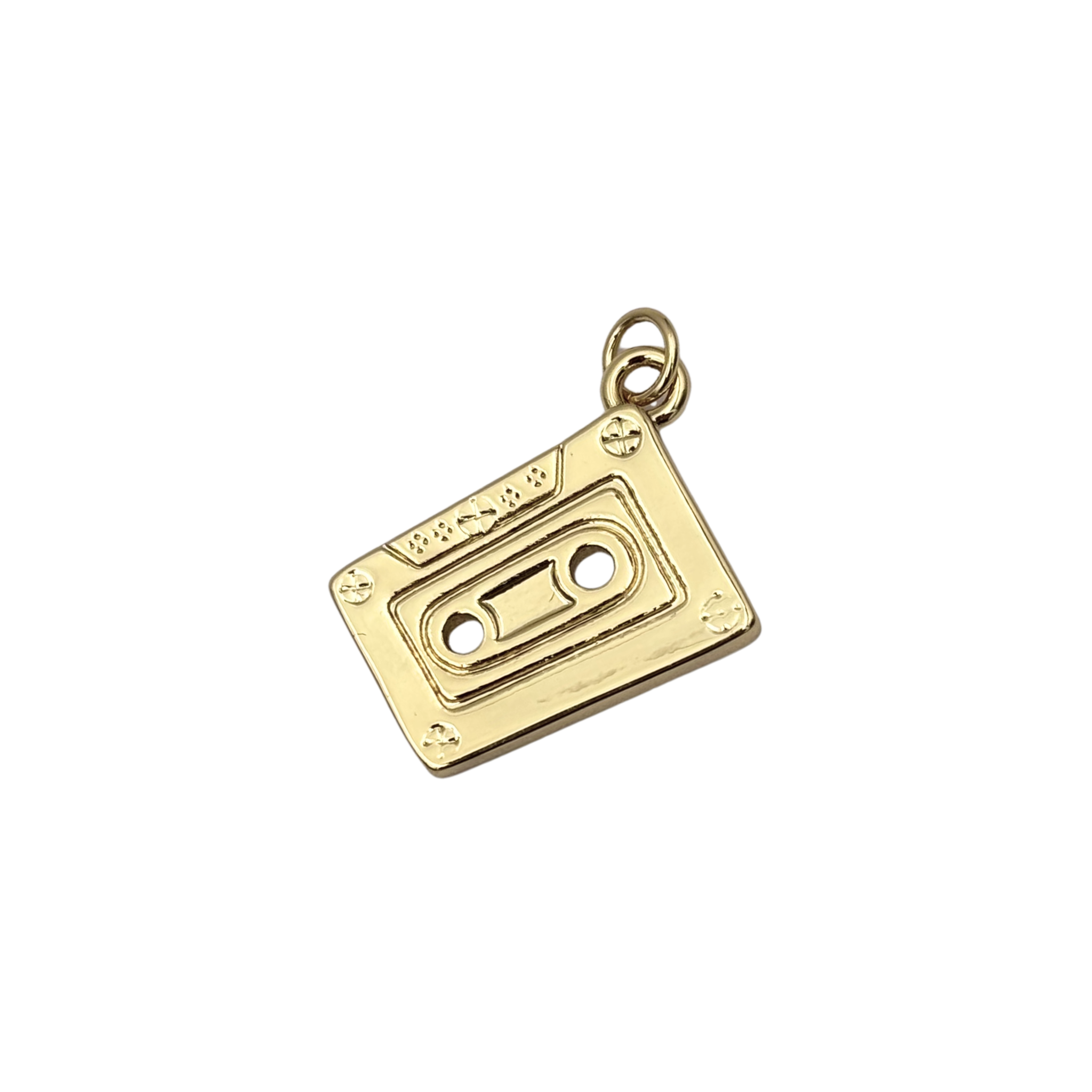 Gold retro cassette tape charm with engraved reels, tape window detail by HOLST+LEE