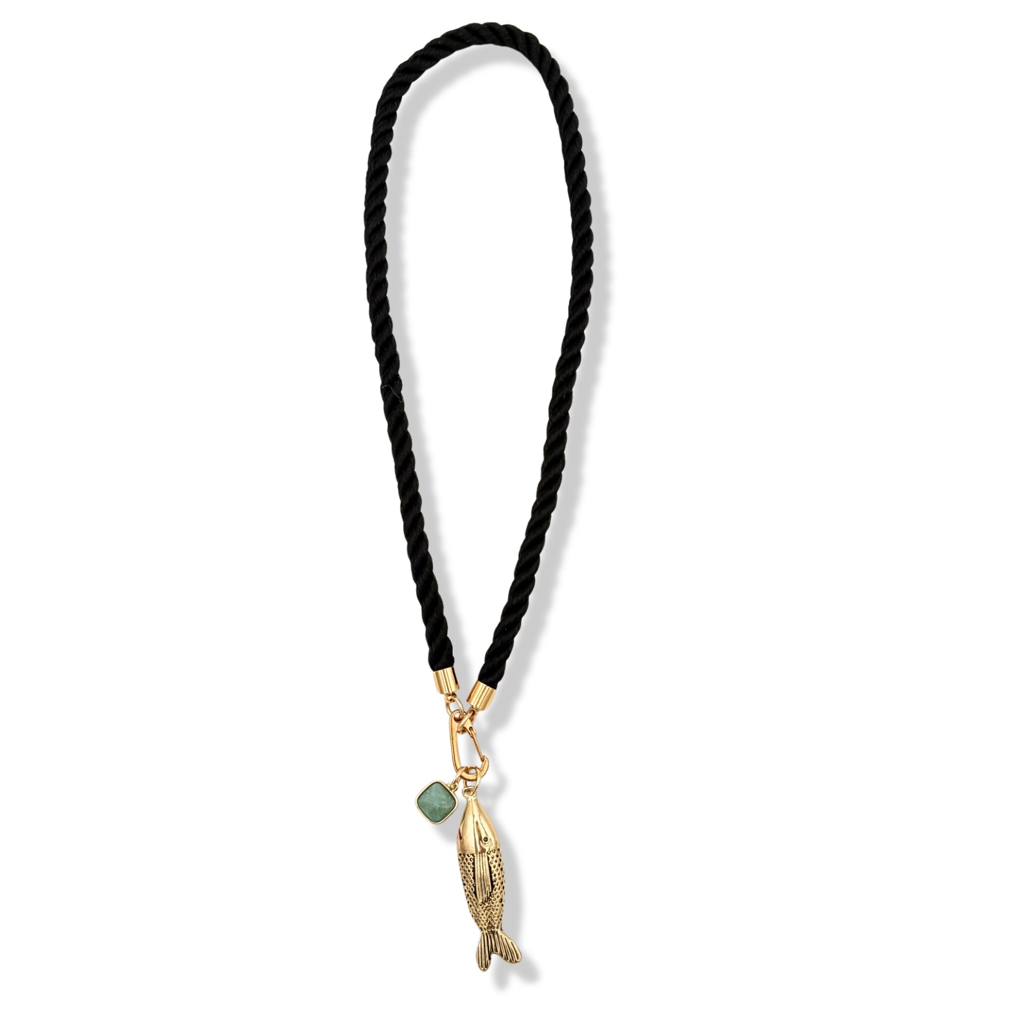 Black twisted rope necklace with gold fish charm and turquoise stone charm by HOLST+LEE
