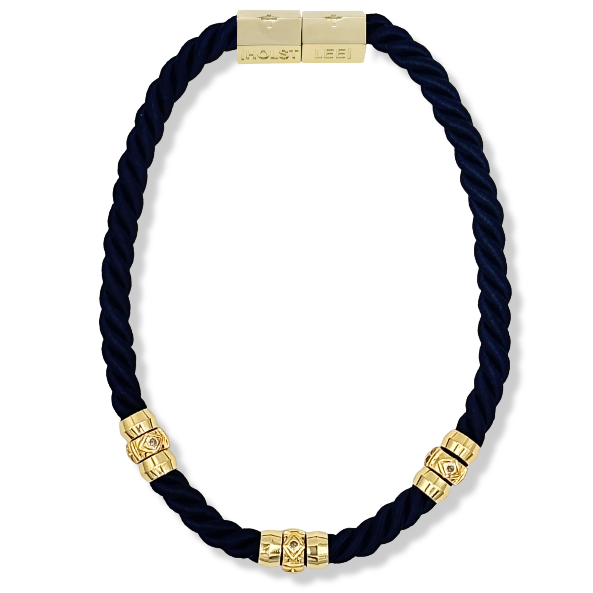 Black twisted rope necklace with 18K gold-filled magnetic clasped necklace and pavé crystal ferrules by HOLST+LEE