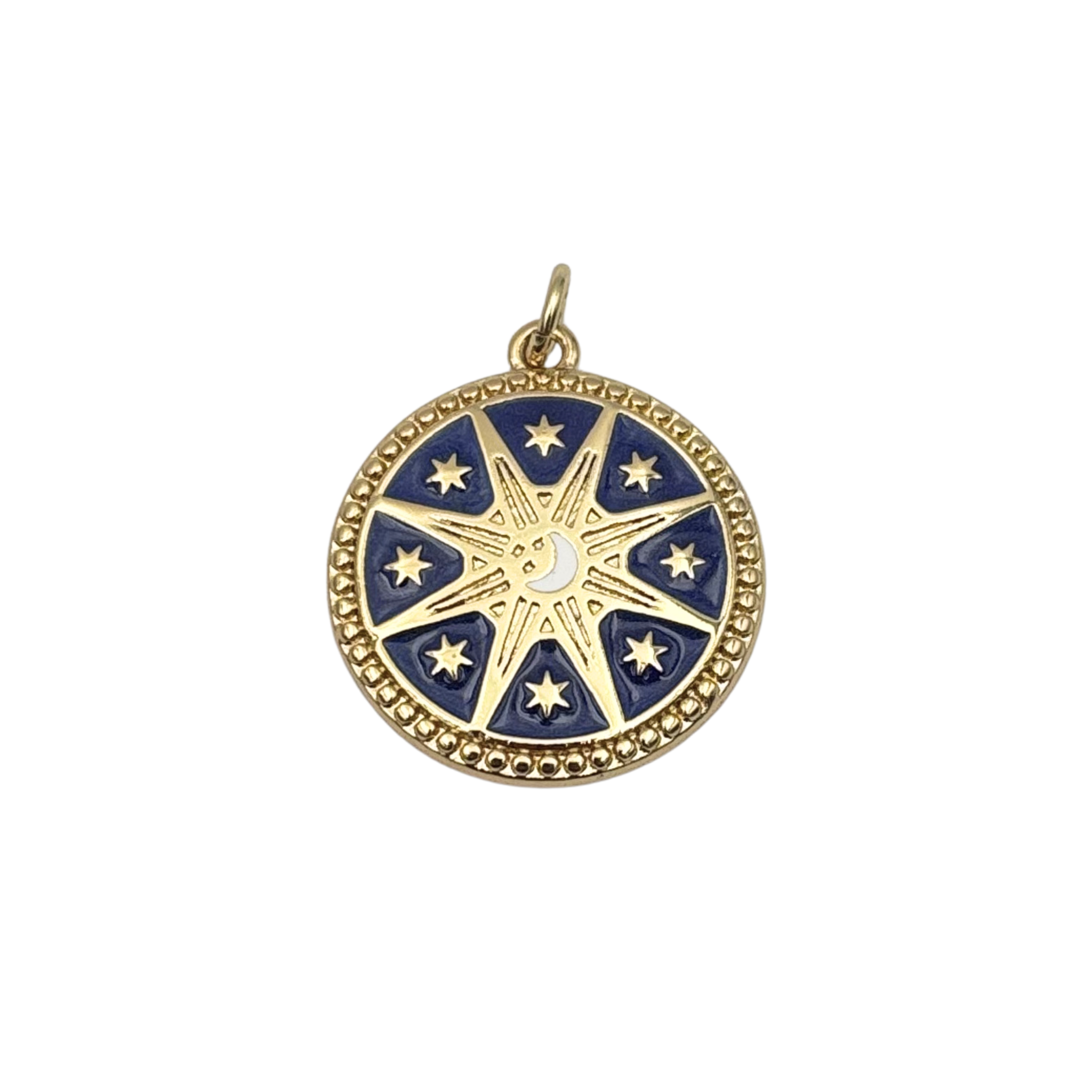 Gold round medallion charm with navy blue enamel, seven-point star, crescent moon center, scattered stars, beaded border by HOLST+LEE