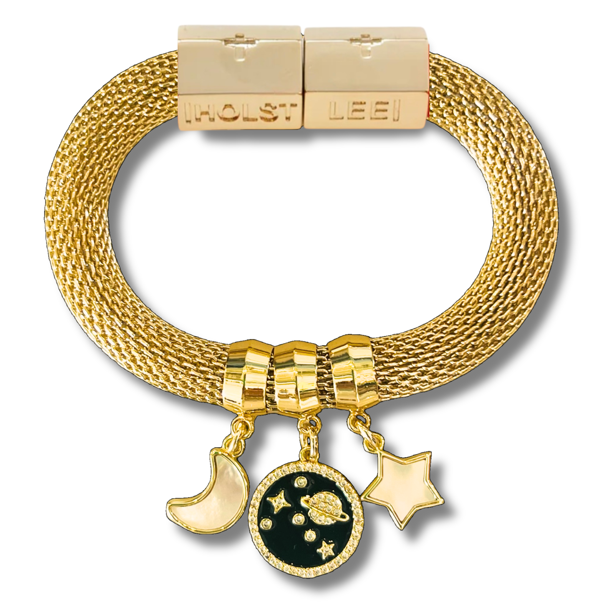 Gold woven mesh bracelet with 18K gold-filled magnetic clasped bracelet and ferrule accents by HOLST+LEE