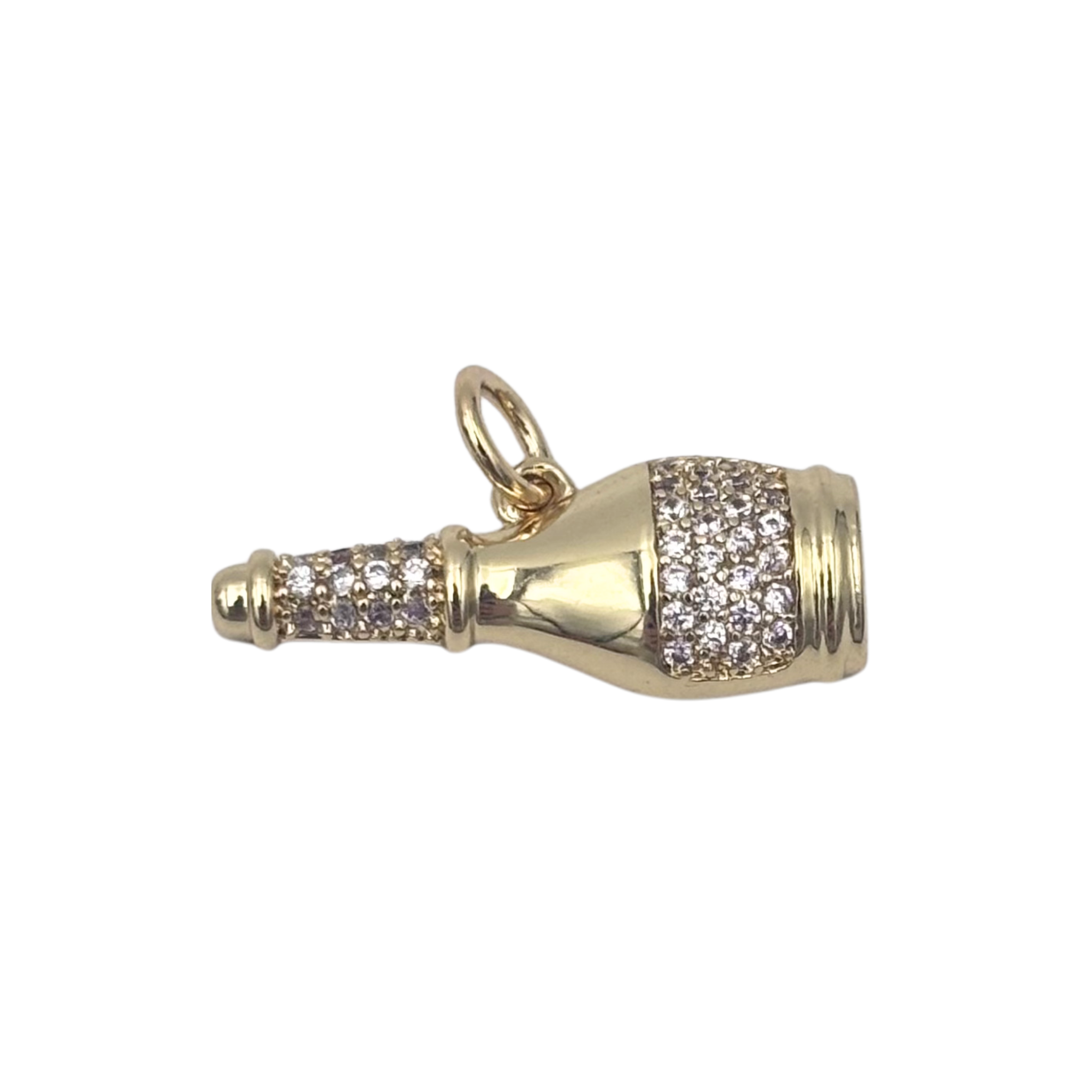 Gold horizontal champagne bottle charm with pavé crystal neck and label band, polished body by HOLST+LEE