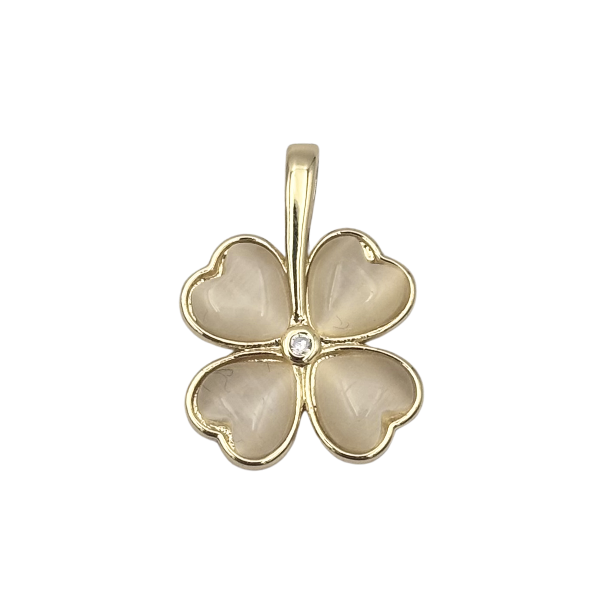 Gold four-leaf clover pendant with cream stone heart-shaped petals, bezel-set crystal center by HOLST+LEE