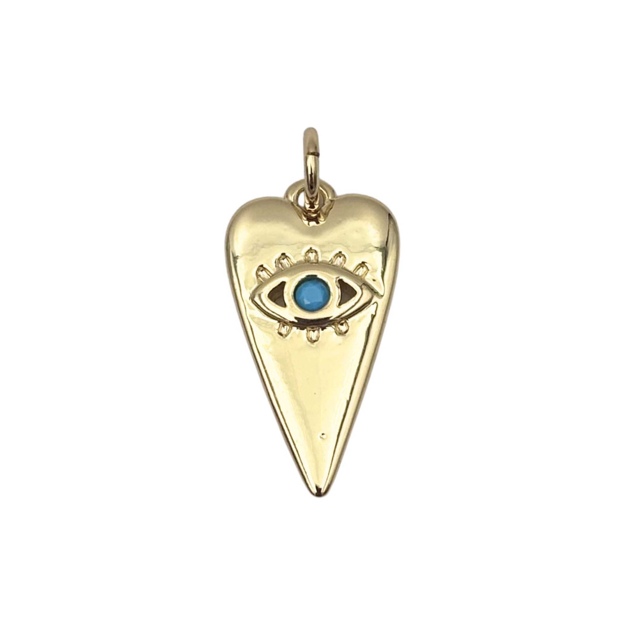 Elongated gold heart charm with an evil eye motif featuring a turquoise gemstone center by HOLST+LEE