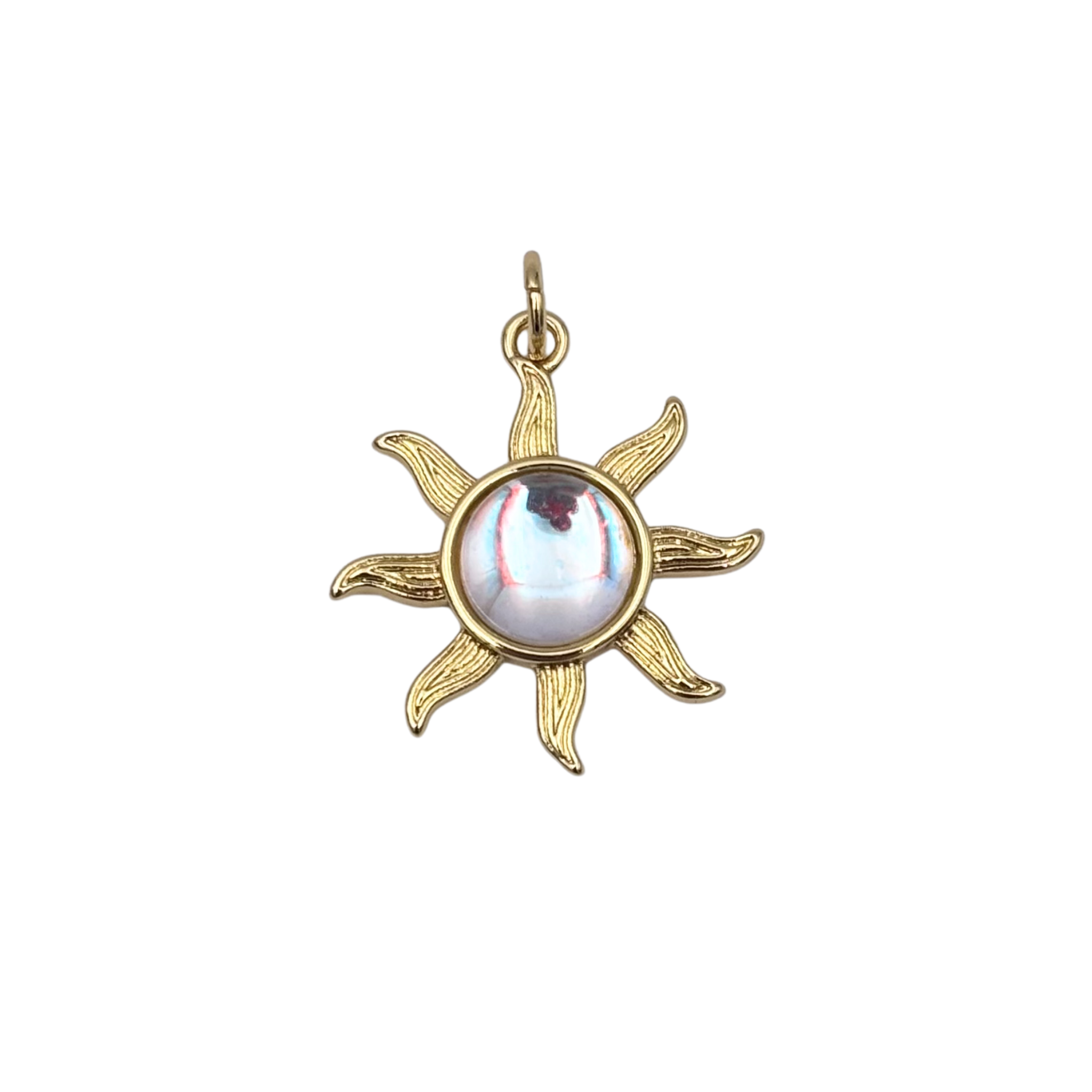 Opal sun charm with engraved gold rays and iridescent opal center stone by HOLST+LEE