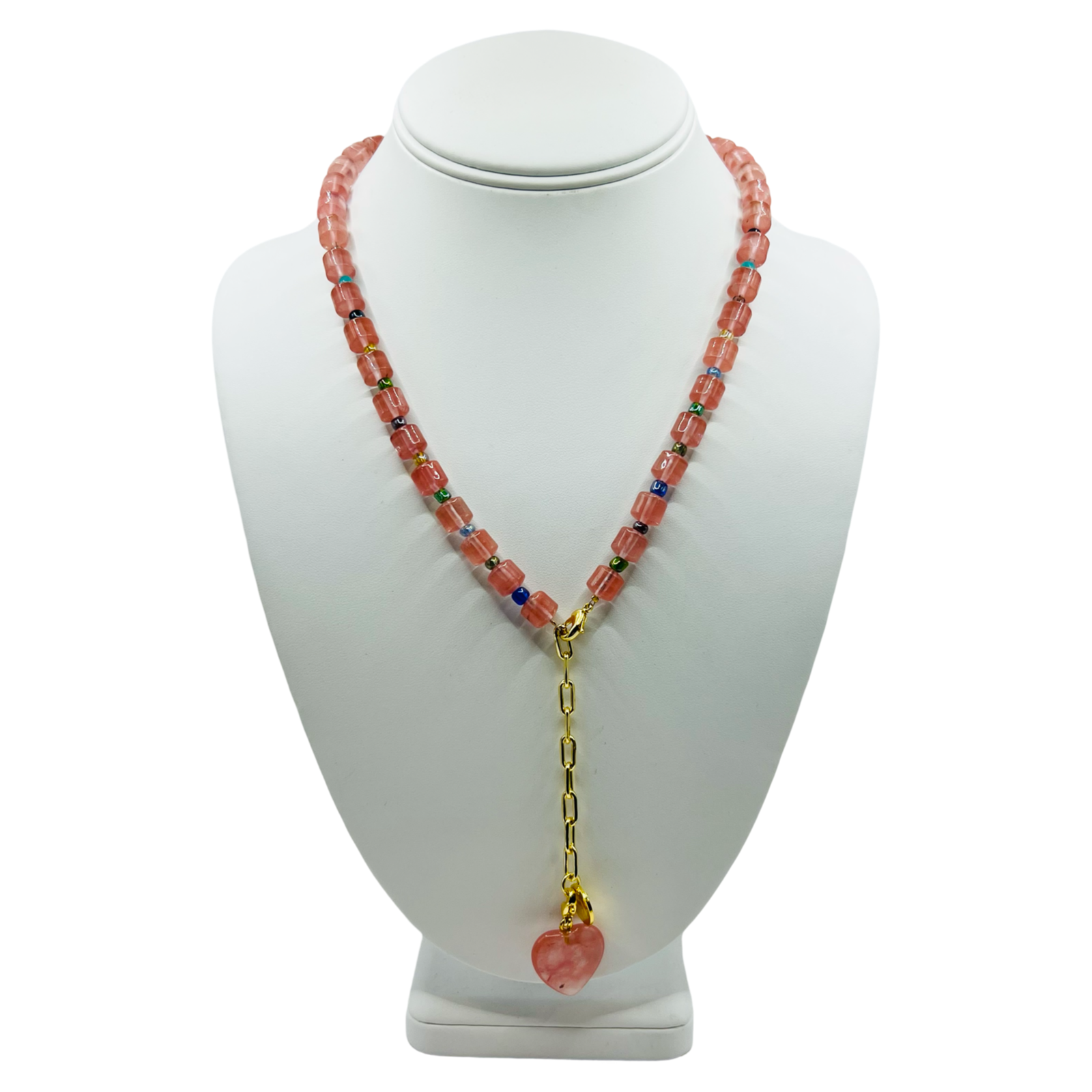 Pink stone bead lariat necklace with gold chain drop and single heart pendant by HOLST+LEE