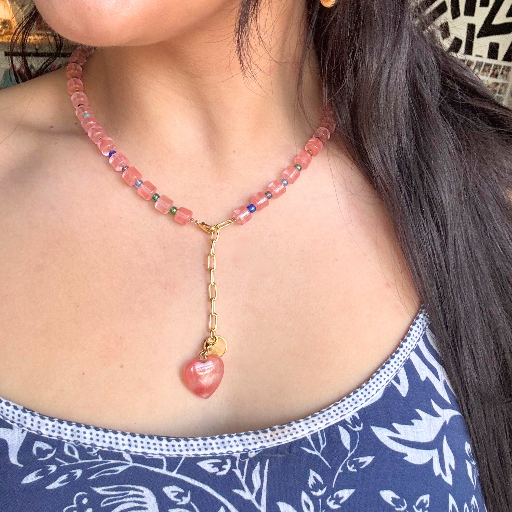 Cherry Quartz Stone Heart Necklace