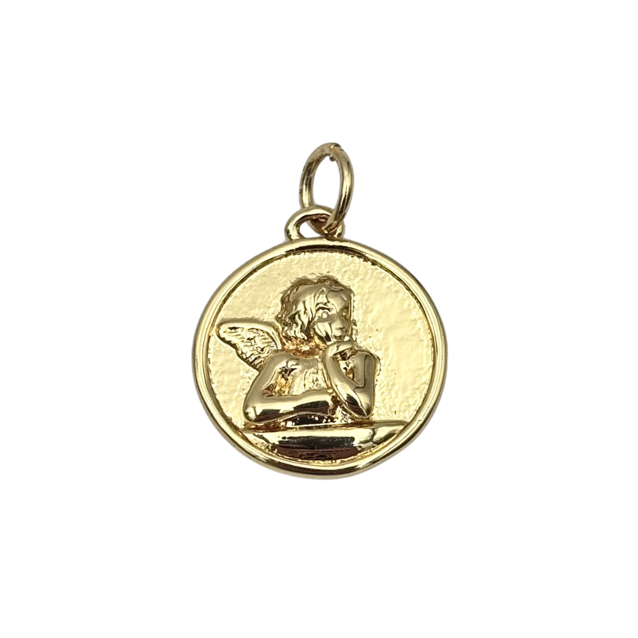 Gold round medallion charm with embossed contemplative cherub and wings by HOLST+LEE