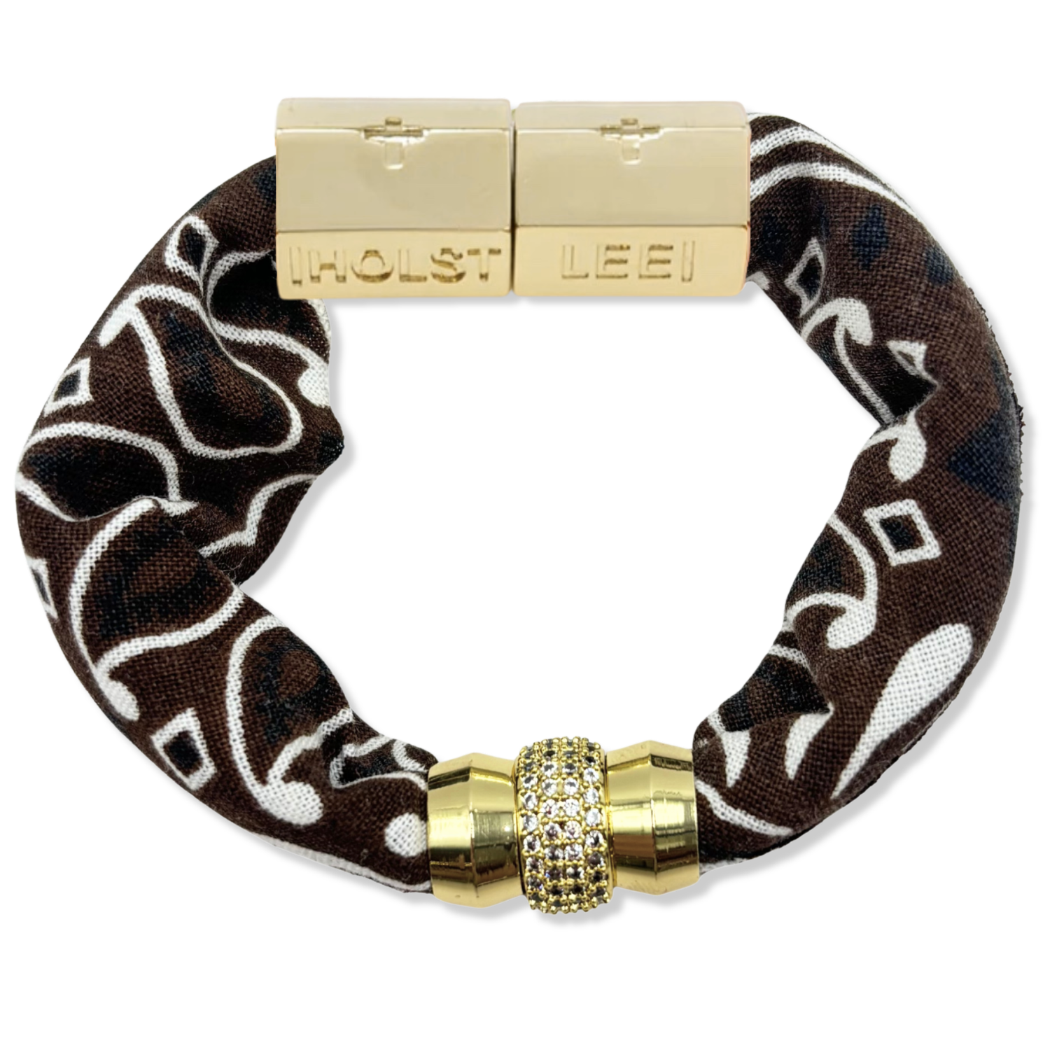 Chocolate Brown bandana print fabric bracelet with 18K gold-filled magnetic clasped bracelet and pavé crystal ferrule by HOLST+LEE