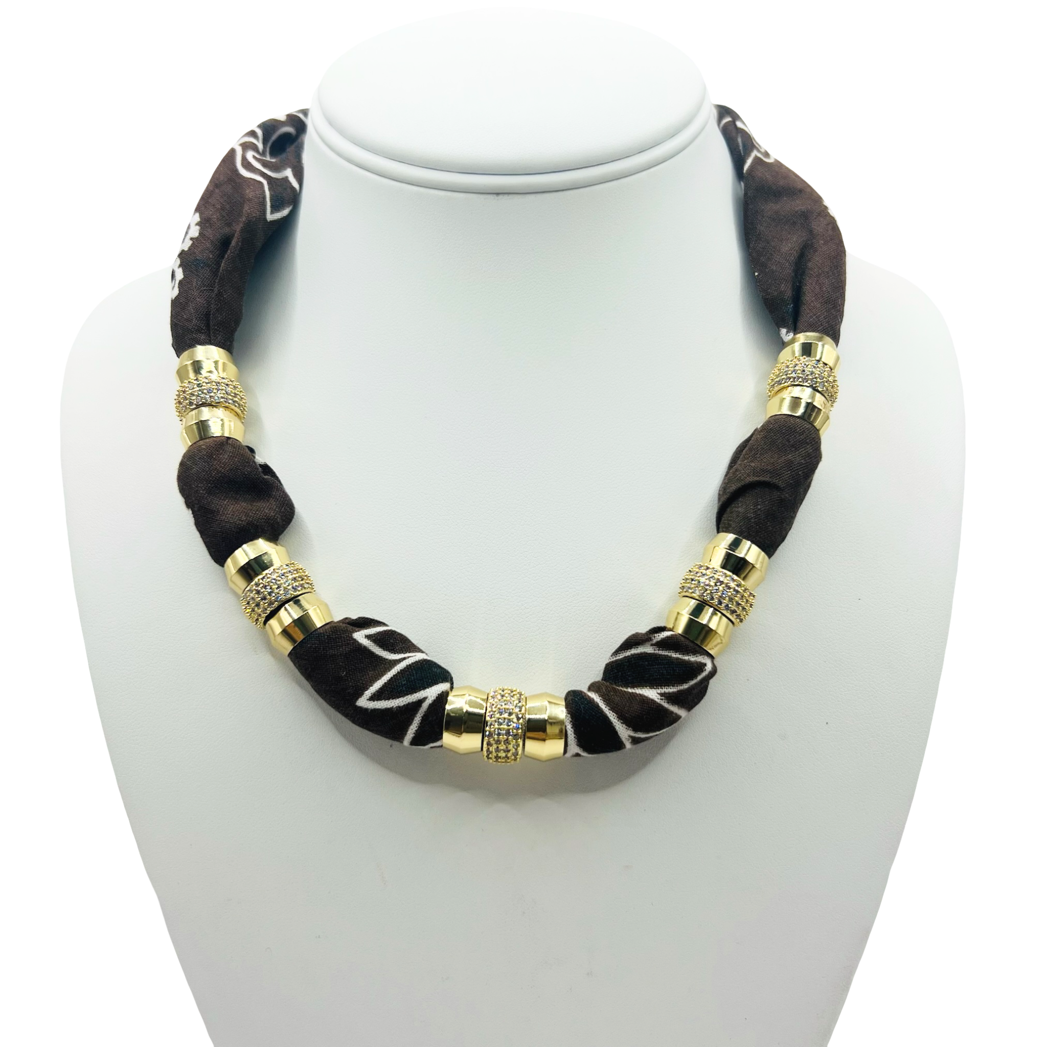 Chocolate brown bandana print fabric necklace with 18K gold-filled magnetic clasped necklace and pavé crystal ferrule by HOLST+LEE