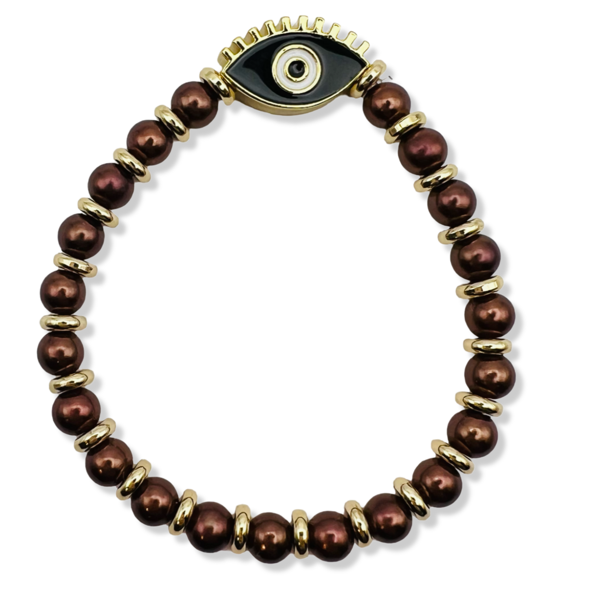 Chocolate brown pearl and gold rondelle stretch bracelet with black enamel evil eye centerpiece by HOLST+LEE