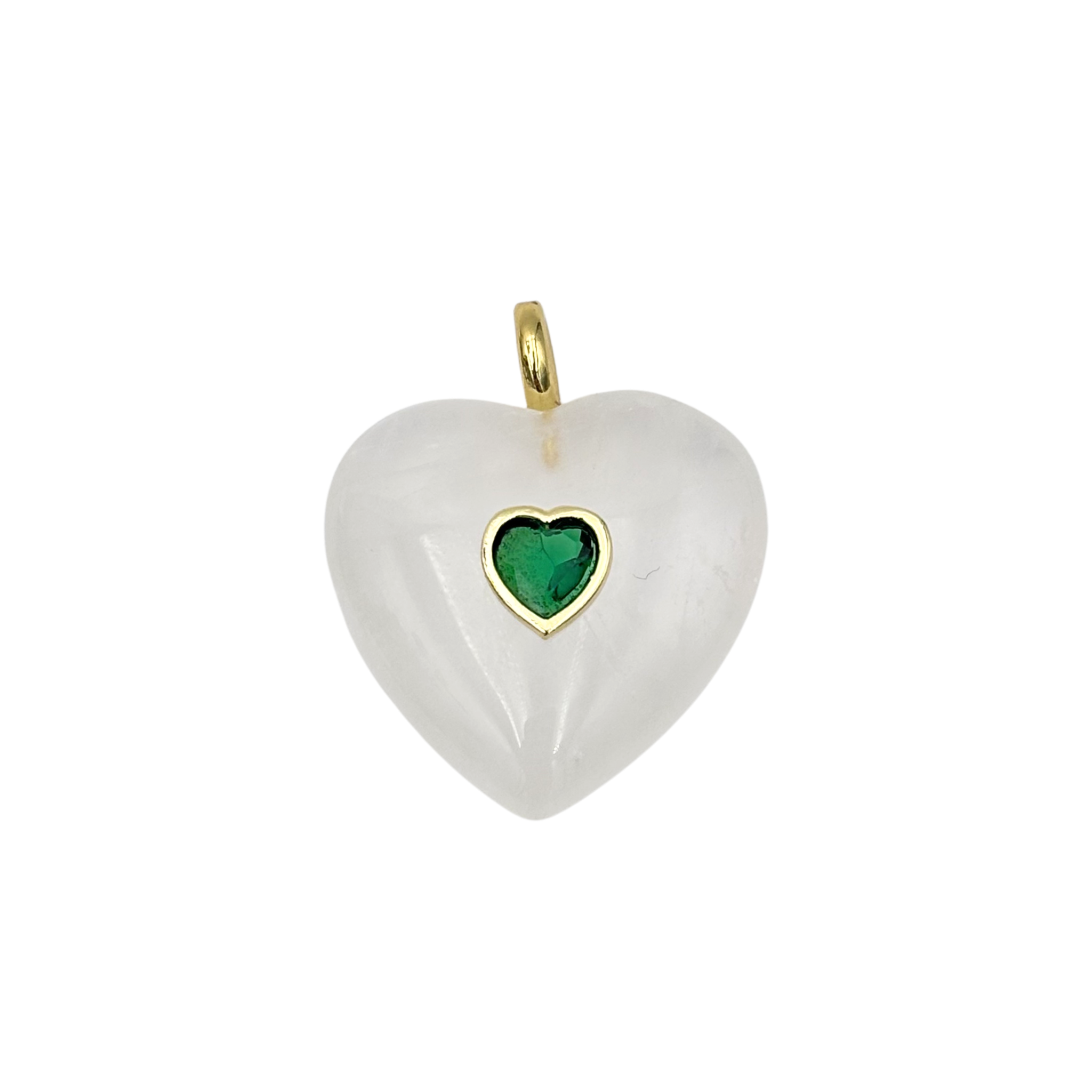 Crystal quartz semi-precious stone heart charm with emerald center stone by HOLST+LEE