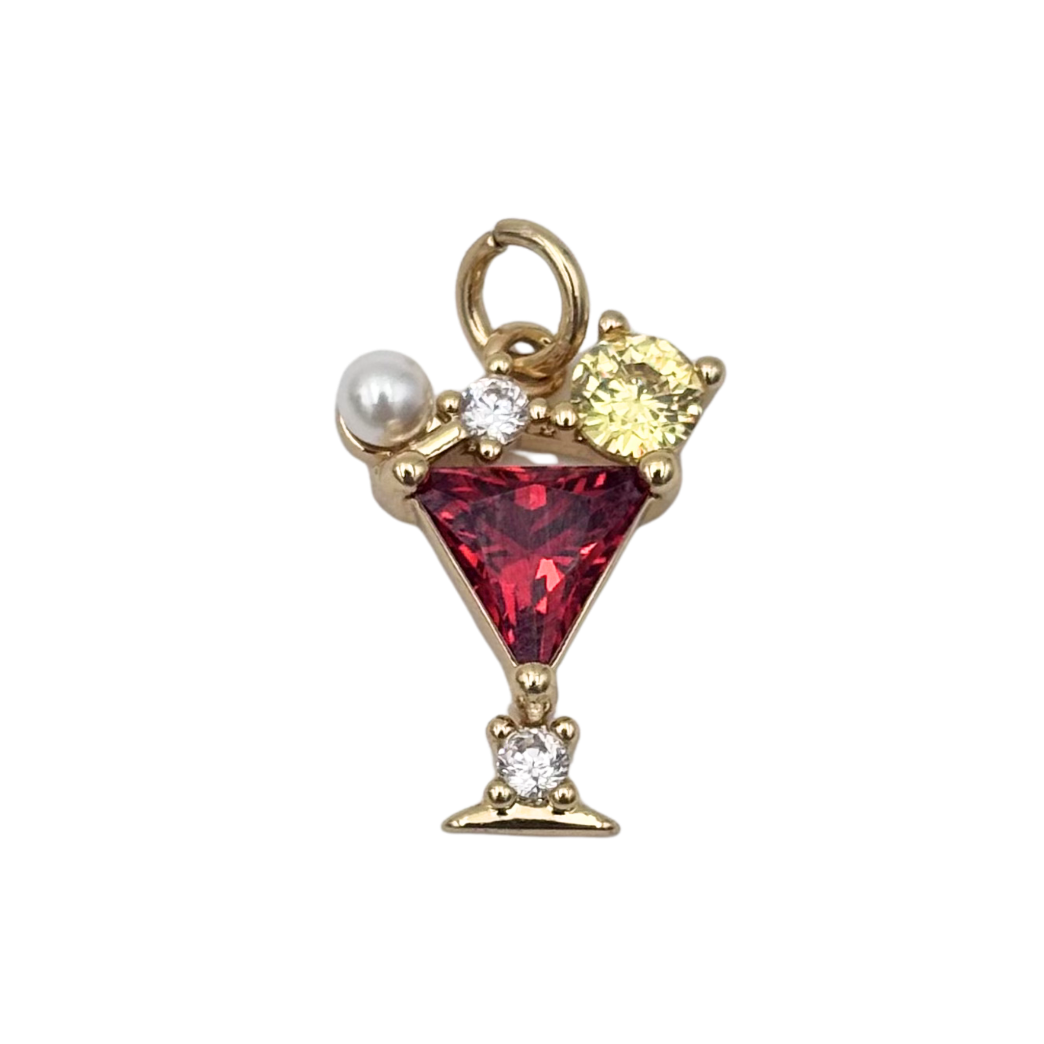 Gold martini glass charm with triangle-cut ruby bowl, yellow and clear crystal rim accents, pearl garnish by HOLST+LEE