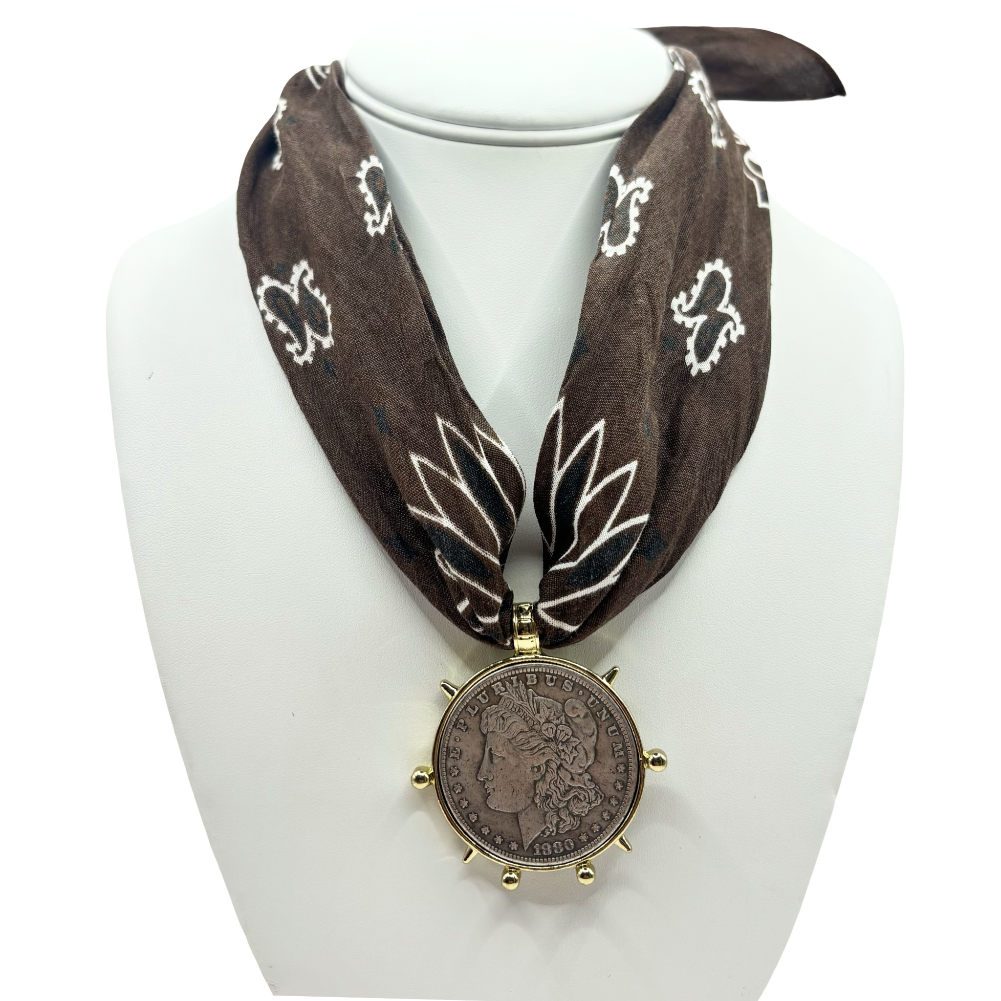 Brown bandana with silver coin pendant by HOLST+LEE
