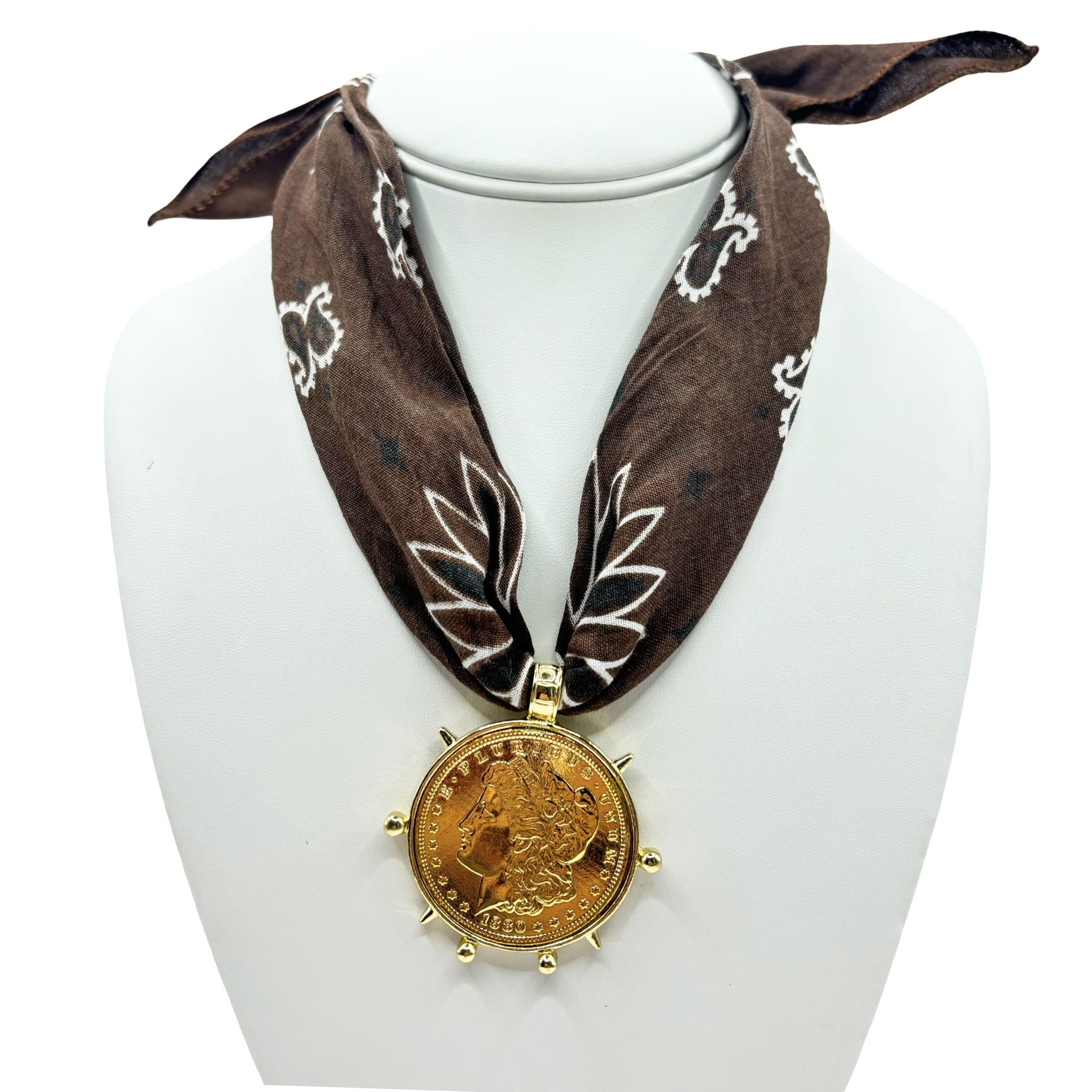 Brown bandana with gold coin pendant by HOLST+LEE