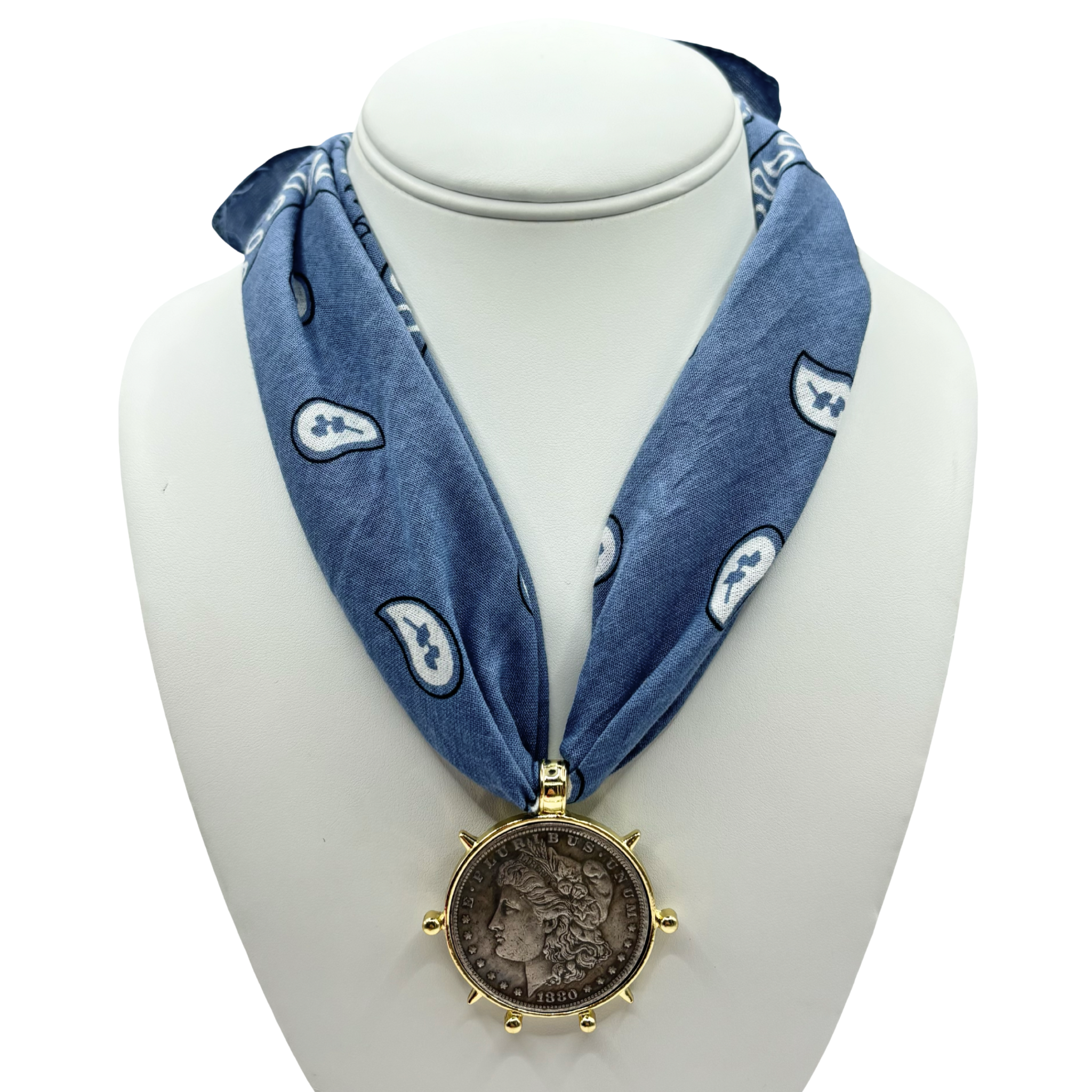 Denim bandana with silver coin pendant by HOLST+LEE