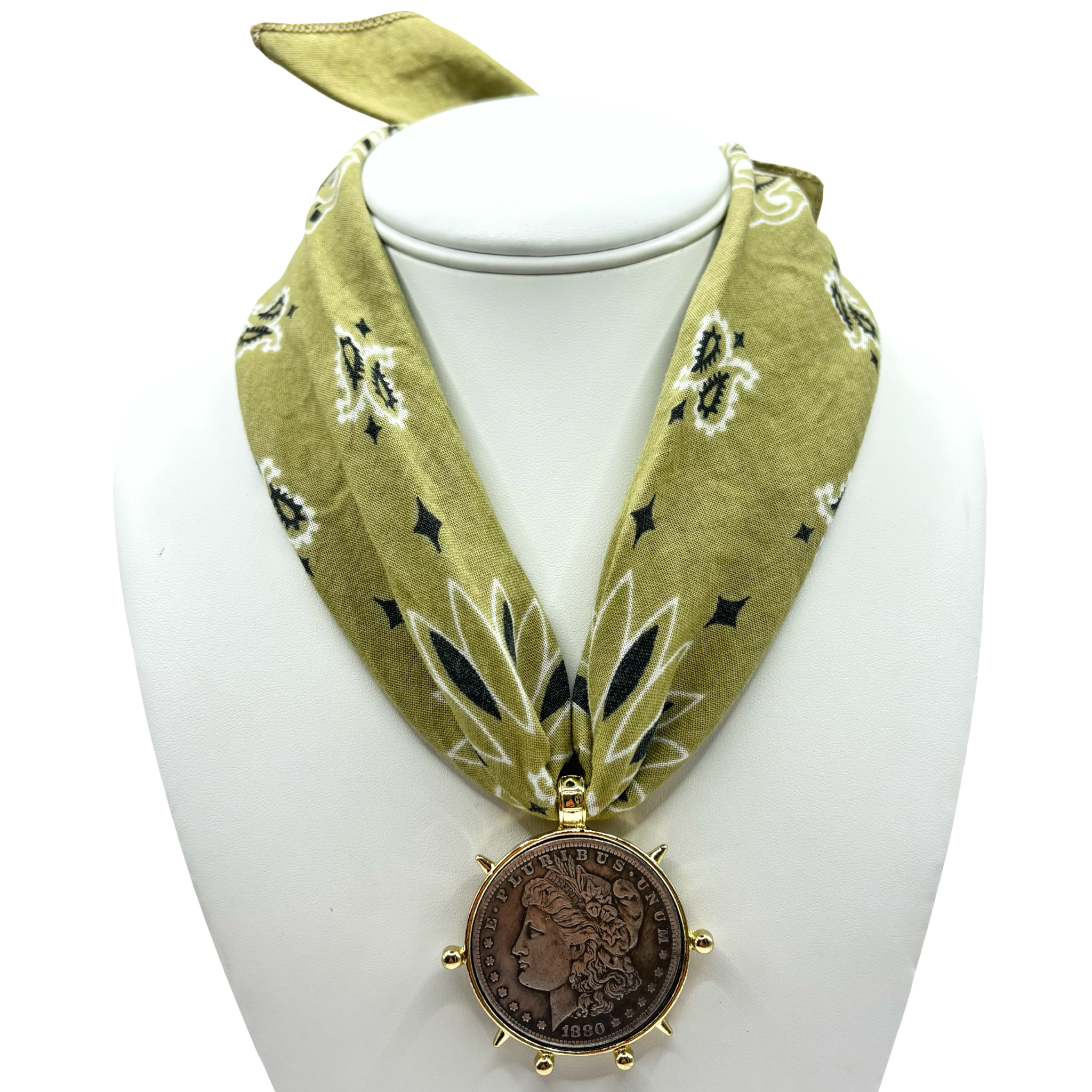 Khaki bandana with silver coin pendant by HOLST+LEE
