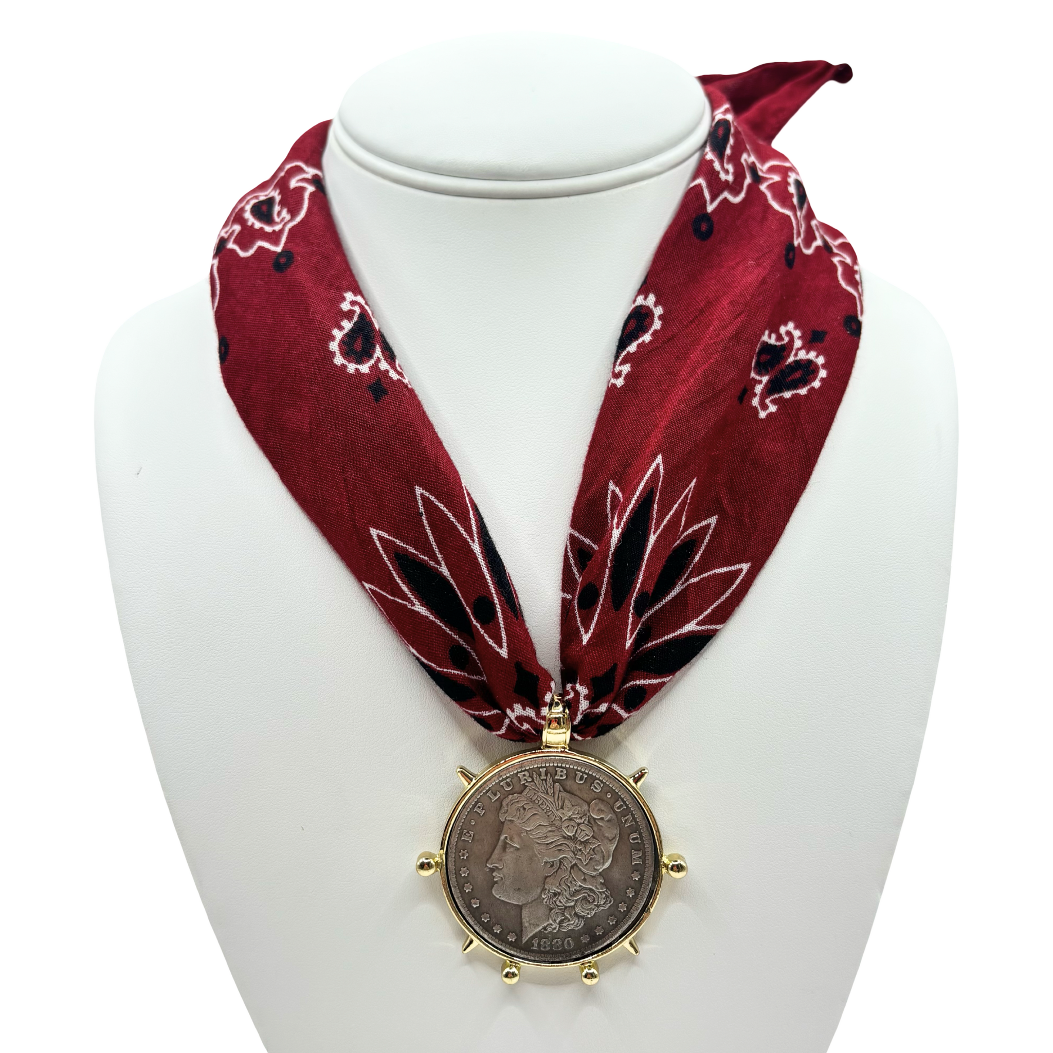 Maroon bandana with silver coin pendant by HOLST+LEE