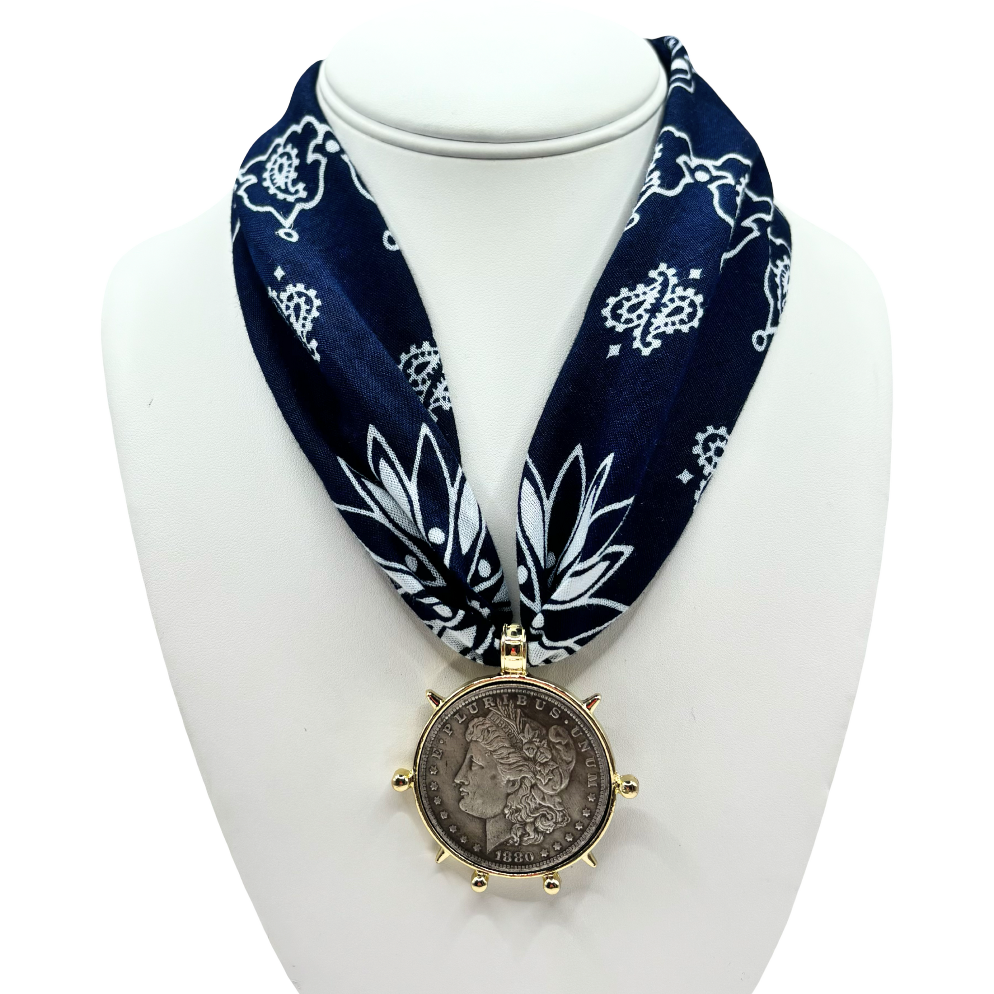 Navy bandana with silver coin pendant by HOLST+LEE