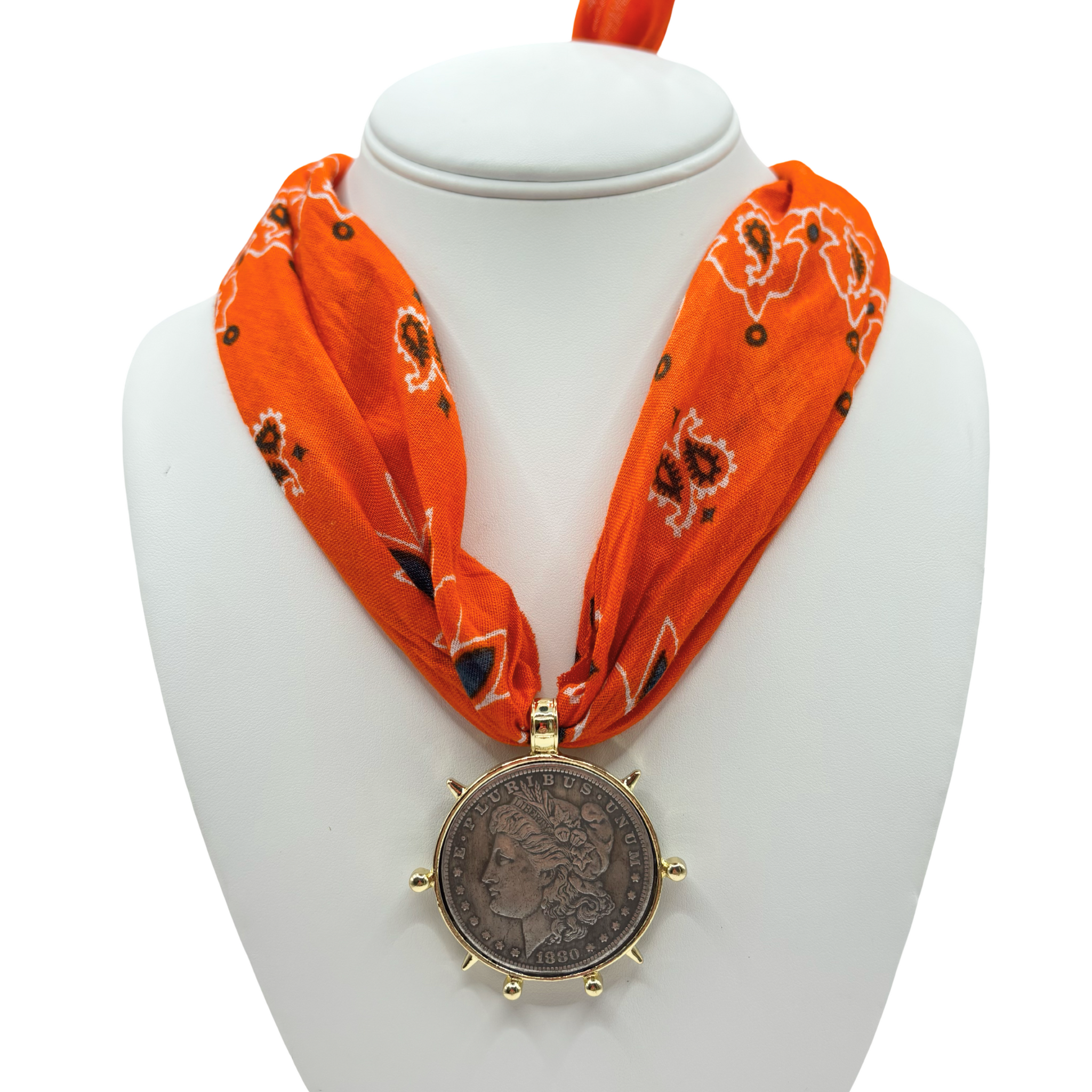 Orange bandana with silver coin pendant by HOLST+LEE