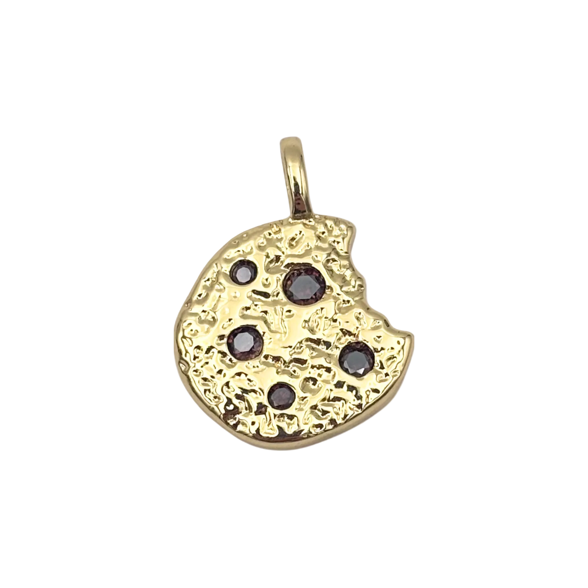 Gold chocolate chip cookie charm with dark gemstone chips and bitten edge detail by HOLST+LEE