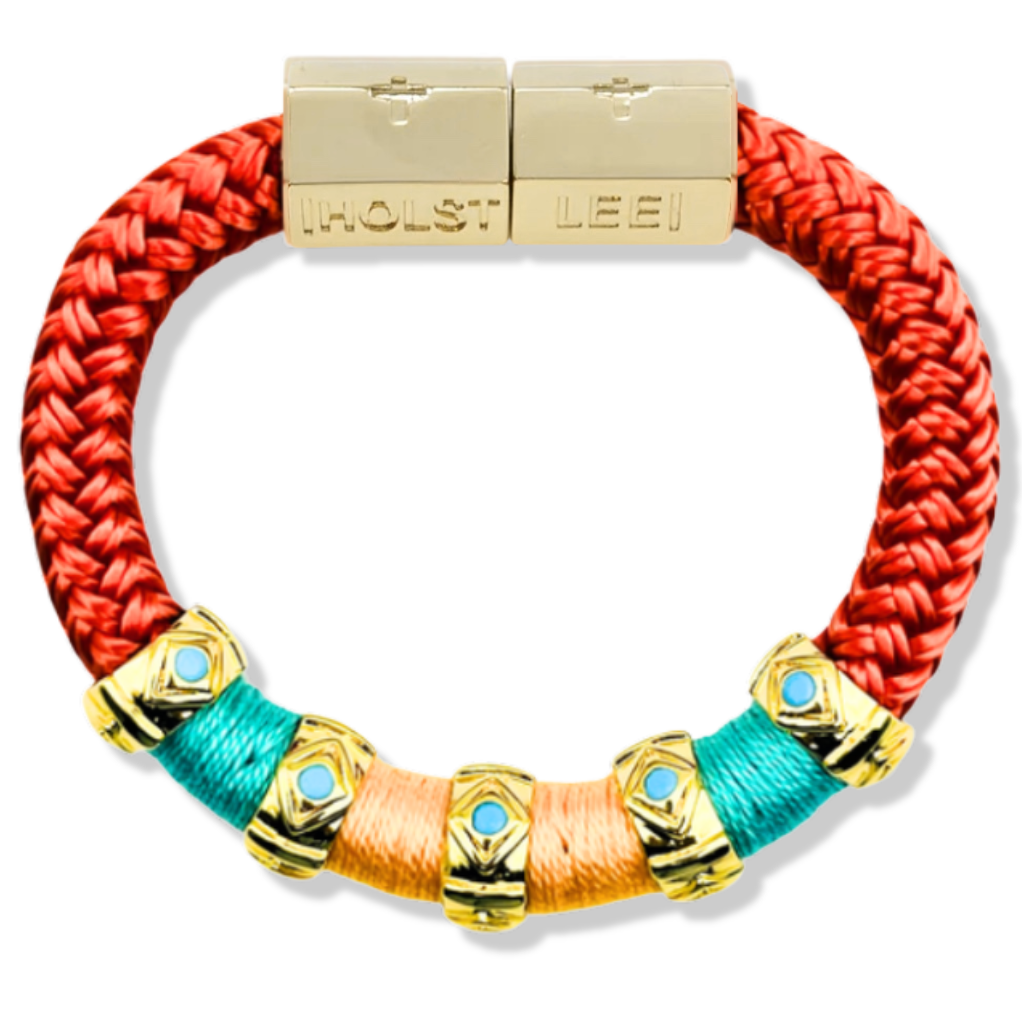 Coral, blue, and orange braided rope bracelet with 18K gold-filled evil eye ferrule accents and gold magnetic clasped bracelet by HOLST+LEE