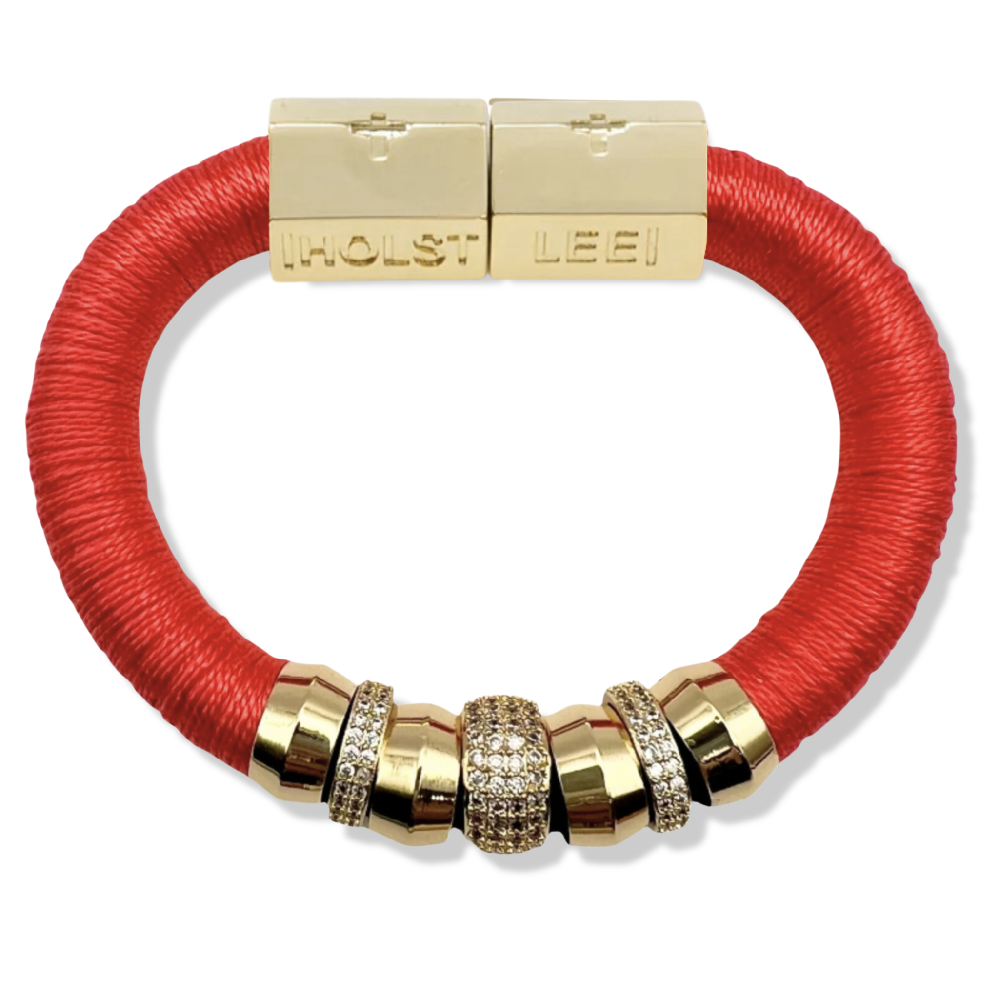 Coral pink-orange thread wrapped bracelet with 18K gold-filled magnetic clasped bracelet and pavé crystal ferrule stack by HOLST+LEE