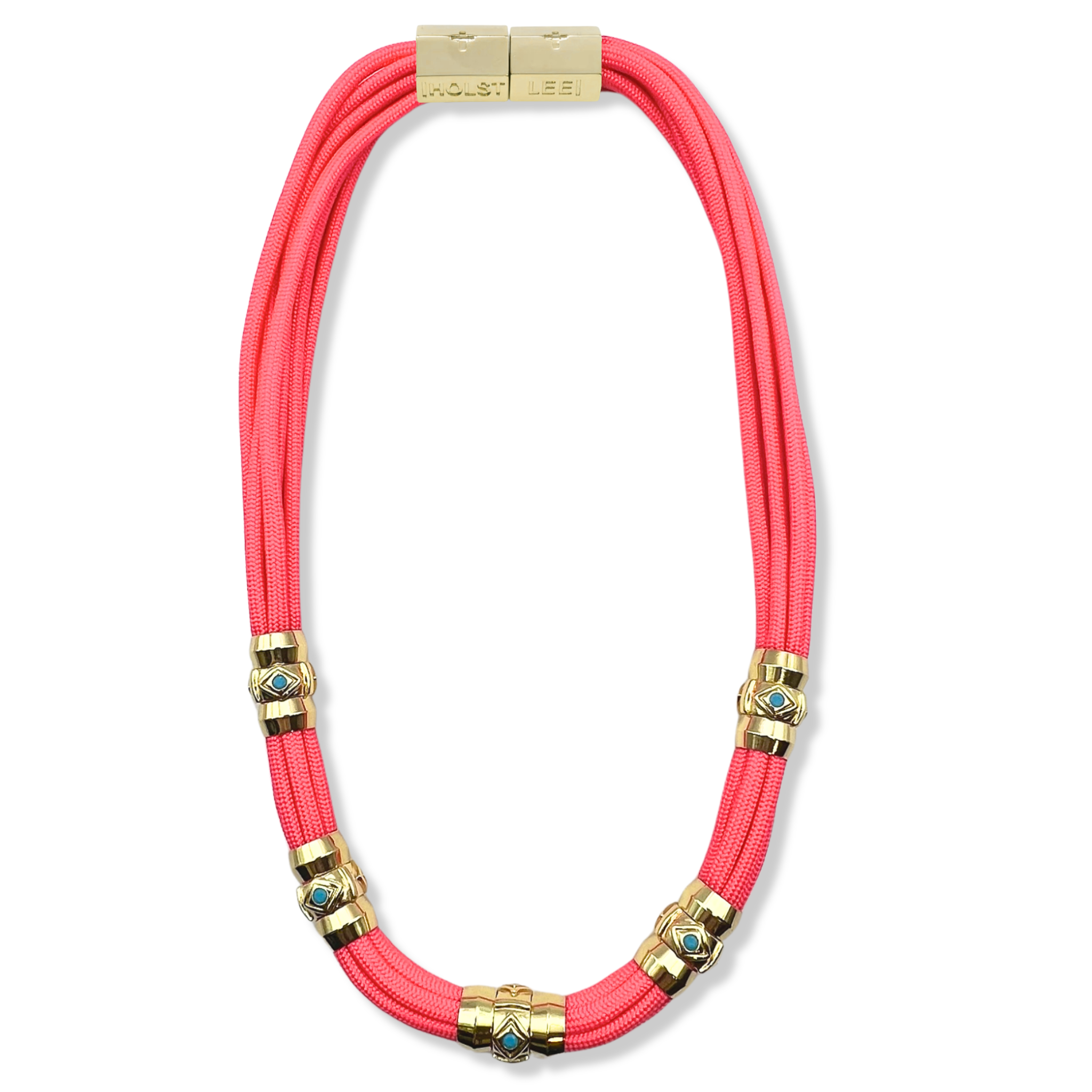 Coral pink paracord necklace with turquoise evil eye ferrule accents and gold magnetic clasped necklace by HOLST+LEE