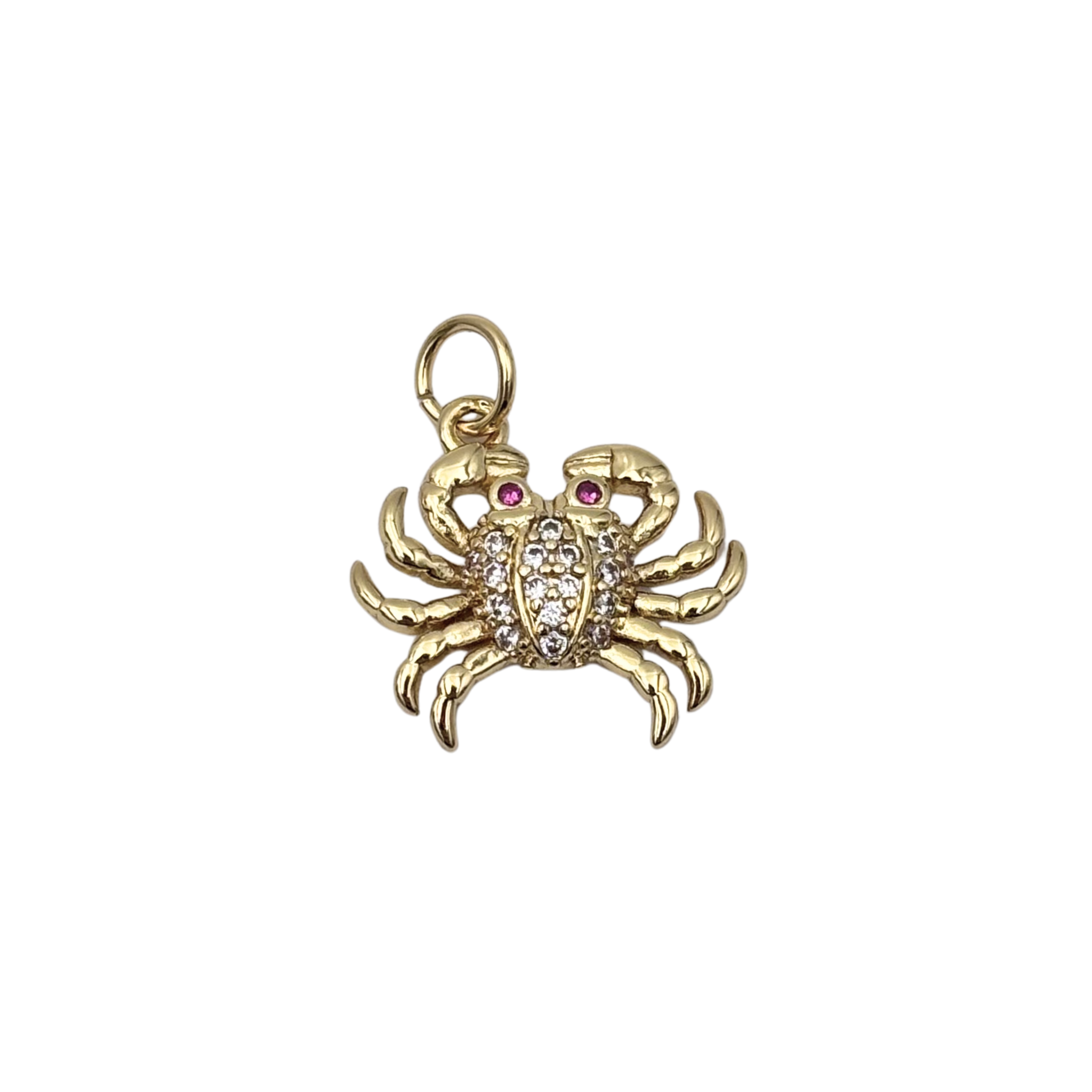 Gold crab charm with pavé rhinestone body, ruby red rhinestone eyes and  detailed claws and legs by HOLST+LEE