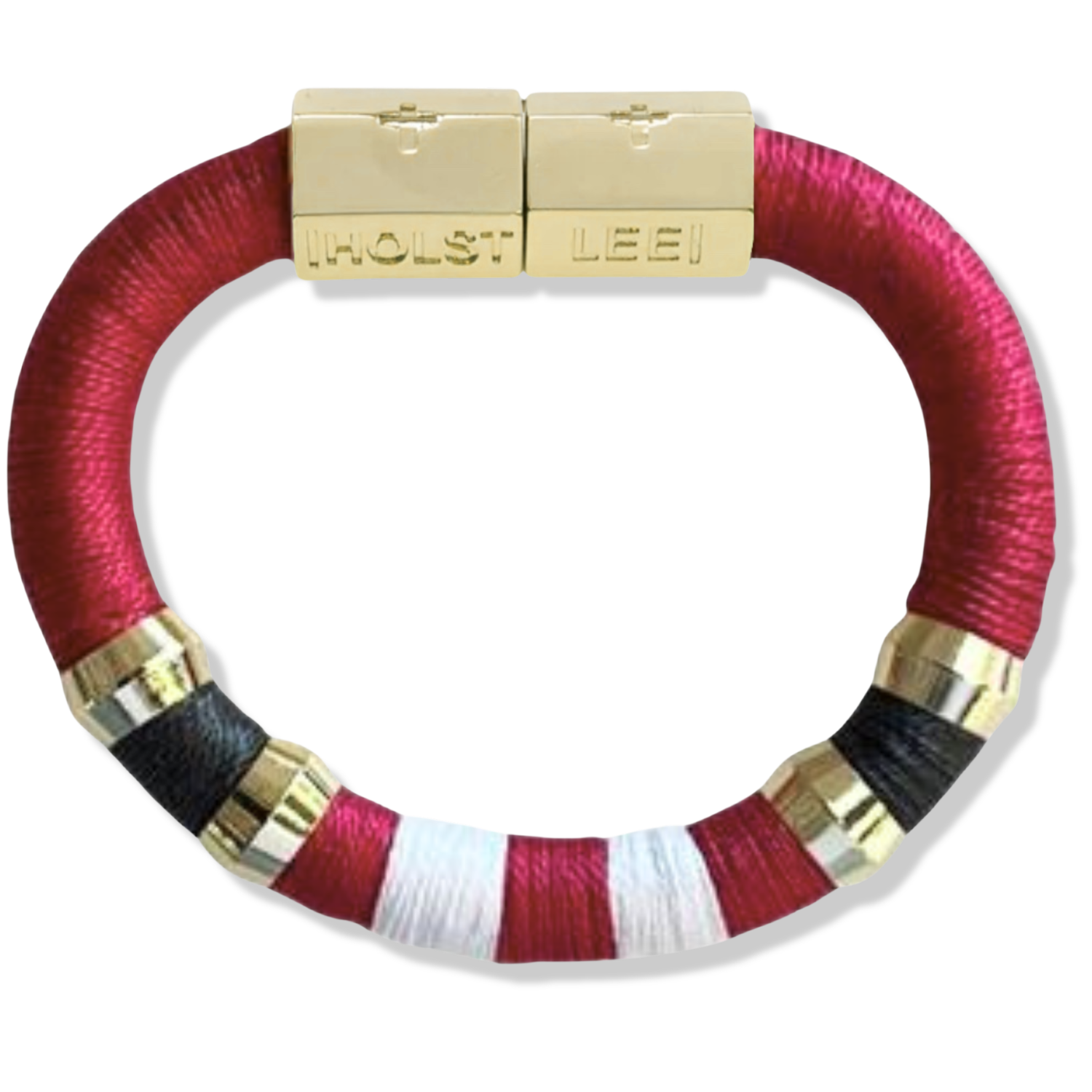 Crimson, gray, and white colorblock thread wrapped bracelet with 18K gold-filled magnetic clasped bracelet and gold ferrule accents by HOLST+LEE