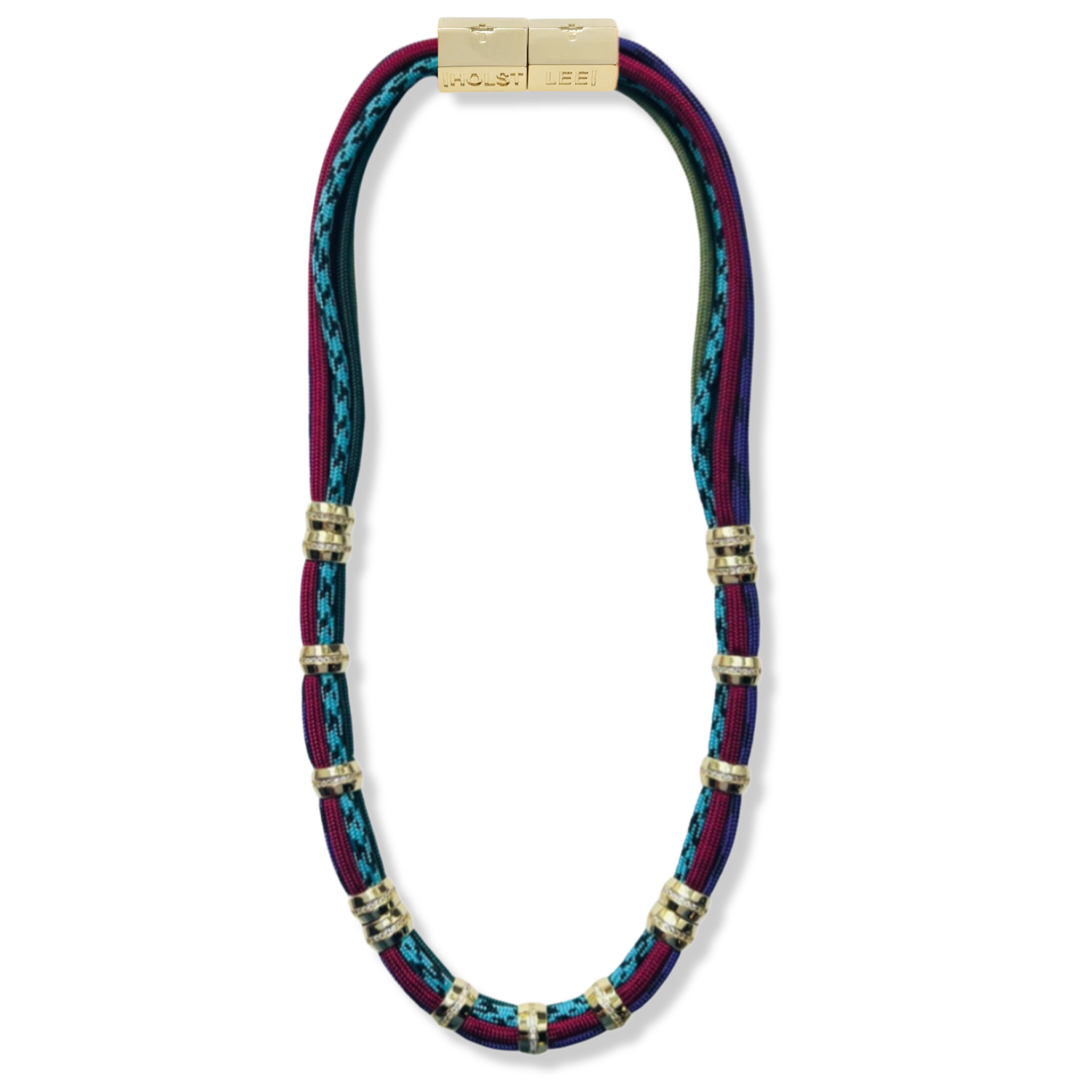 Blue, black, and purple paracord necklace with pavé ferrule accents and gold magnetic clasped necklace by HOLST+LEE