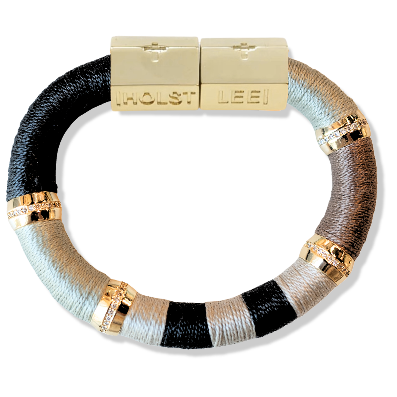 Black, grey, brown, and cream colorblock thread wrapped bracelet with gold magnetic clasped bracelet and pavé crystal ferrules by HOLST+LEE