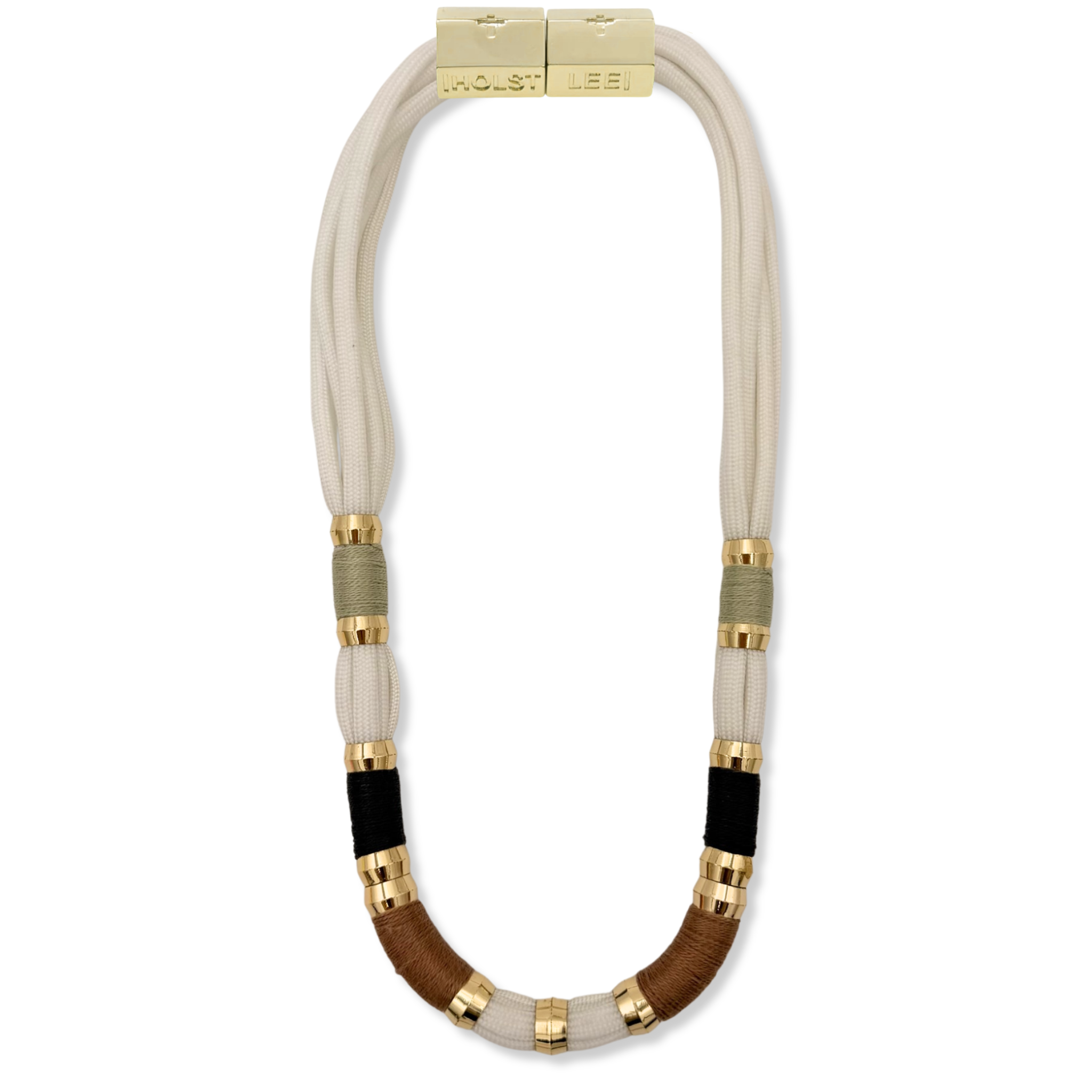 White braided rope necklace with black, brown, taupe thread wrapped sections and gold ferrule accents by HOLST+LEE