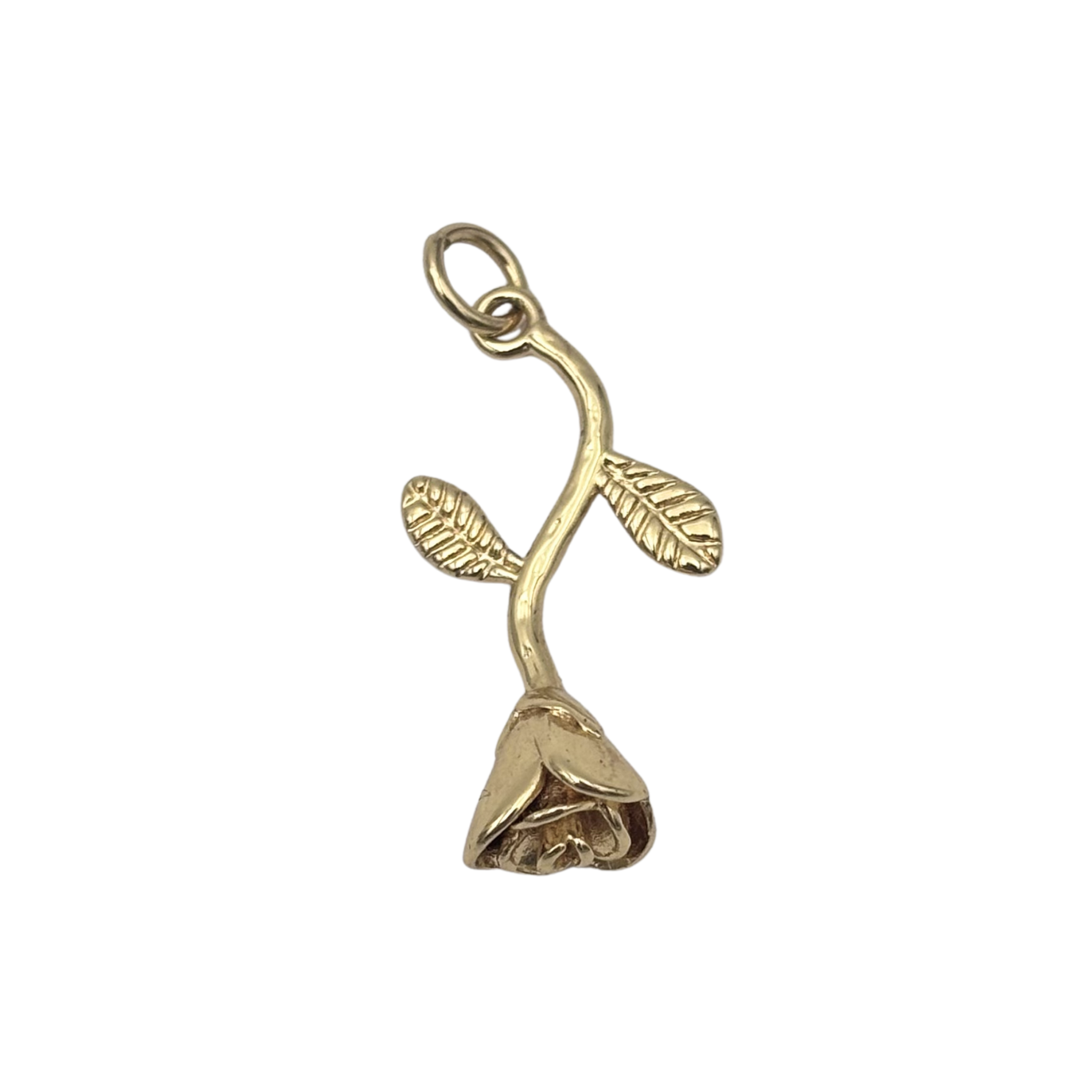 Polished gold rose charm with long curved stem, two engraved leaves, and closed bud bloom by HOLST+LEE
