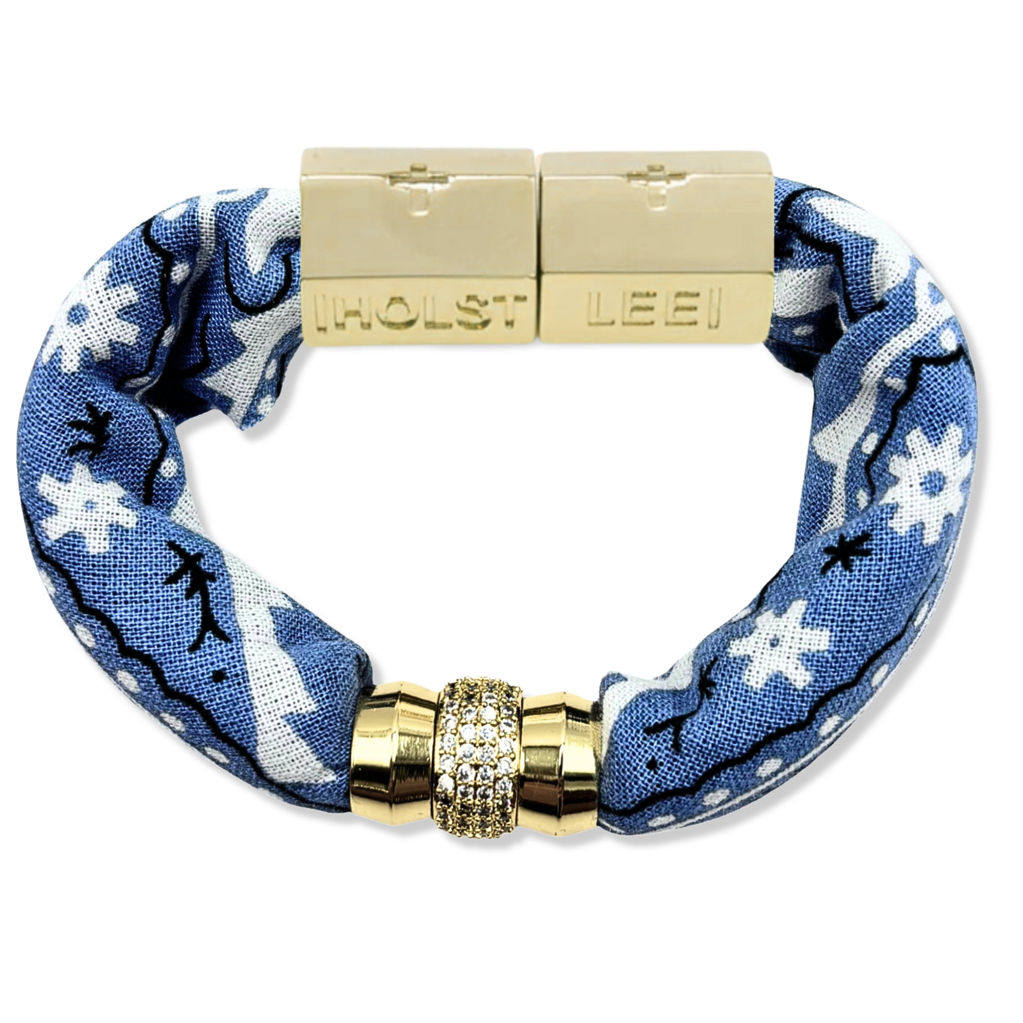 Denim blue bandana print fabric bracelet with 18K gold-filled magnetic clasped bracelet and pavé crystal ferrule by HOLST+LEE