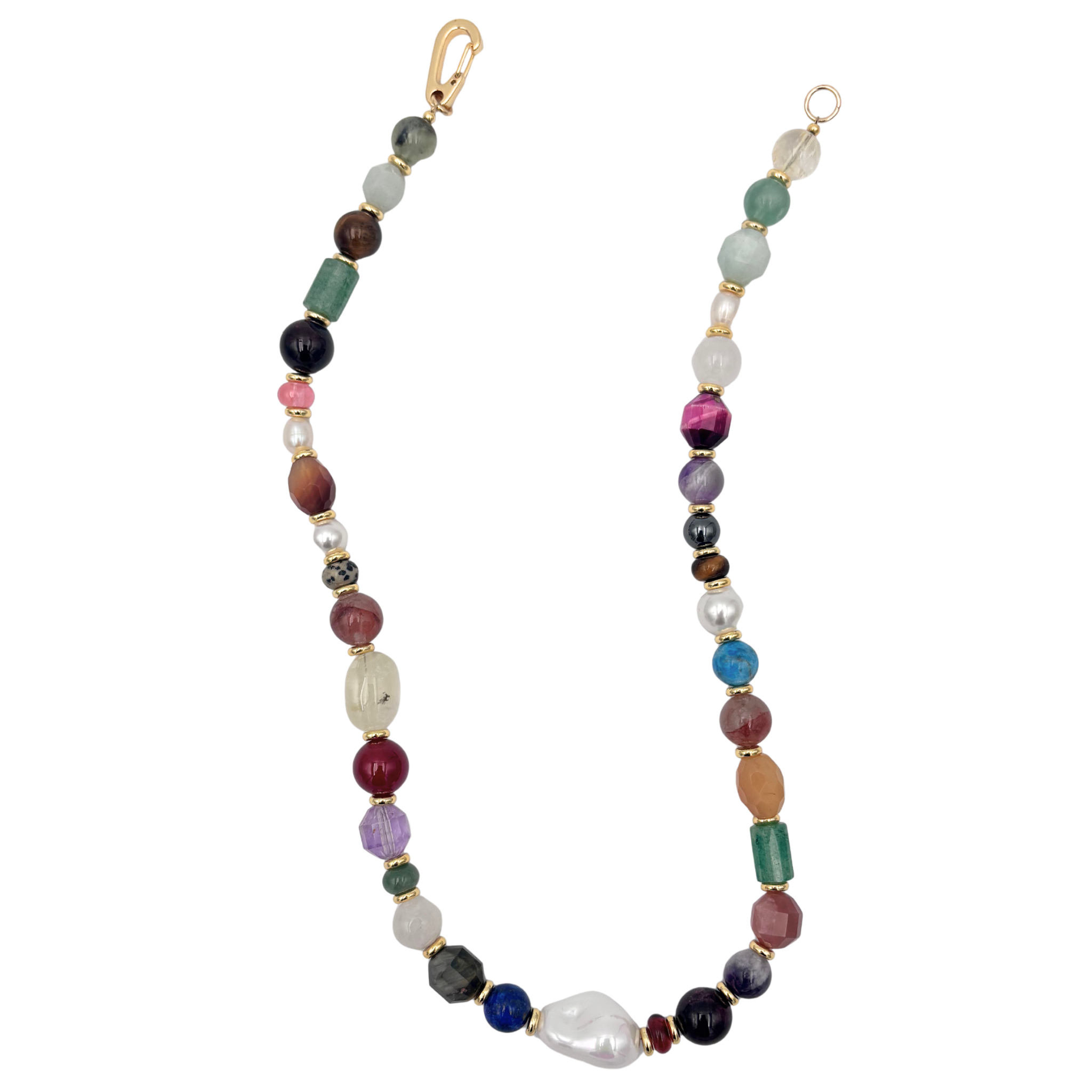 Multicolor mixed gemstone and pearl beaded necklace with gold accents and lobster clasp by HOLST+LEE