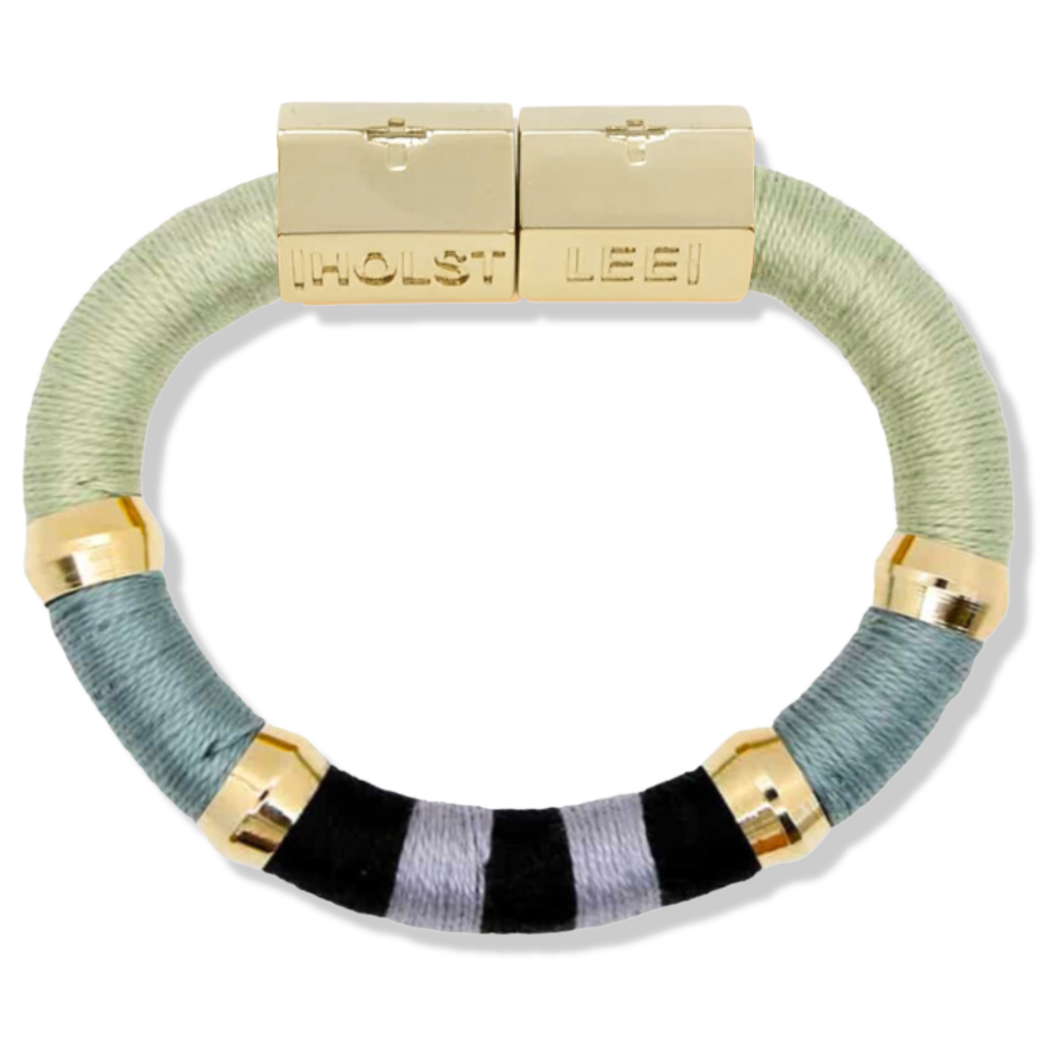 Seafoam, black, blue, and lavender colorblock thread wrapped bracelet with gold magnetic clasped bracelet and gold ferrules by HOLST+LEE 