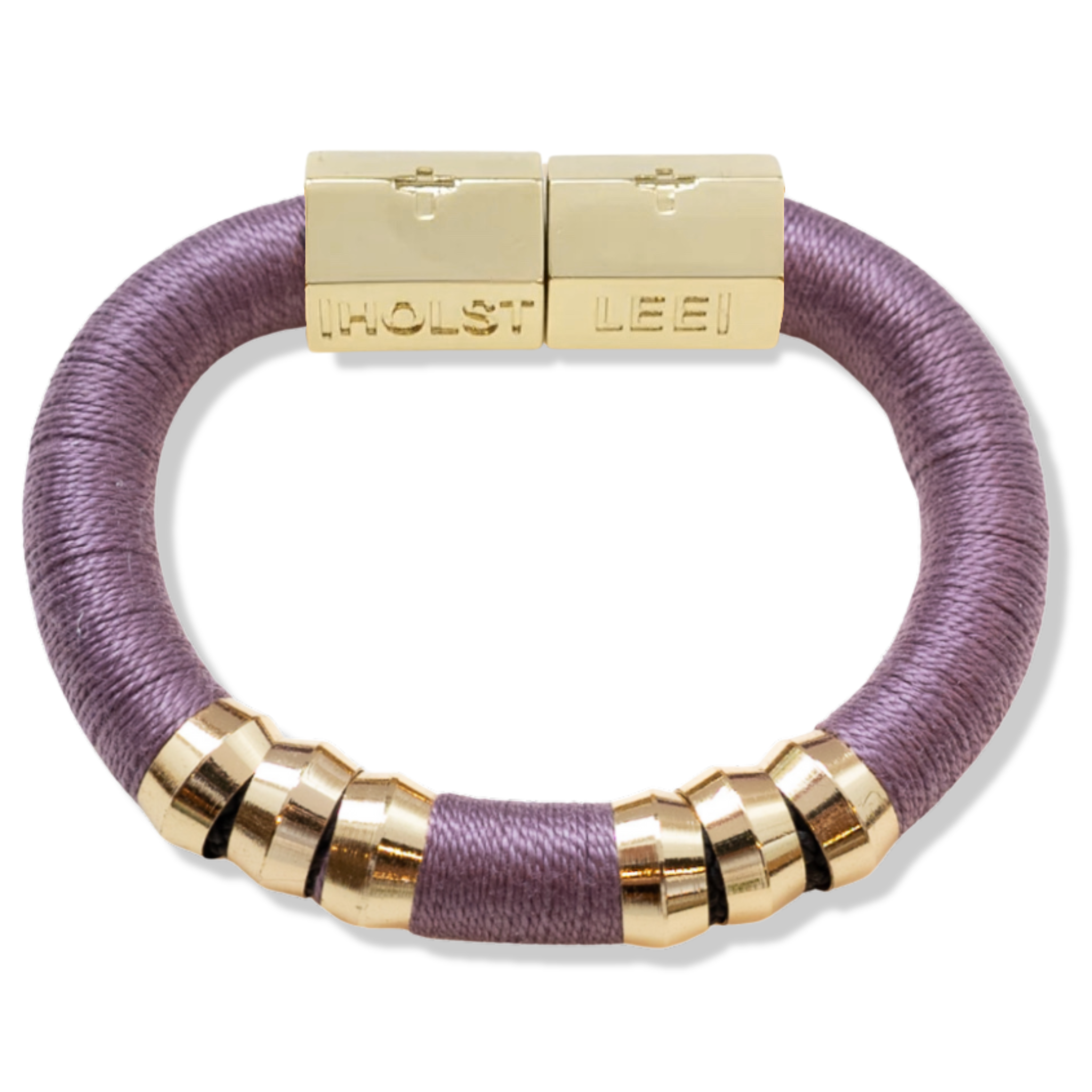 Eggplant purple thread wrapped bracelet with 18K gold-filled magnetic clasped bracelet and gold ferrule accents by HOLST+LEE