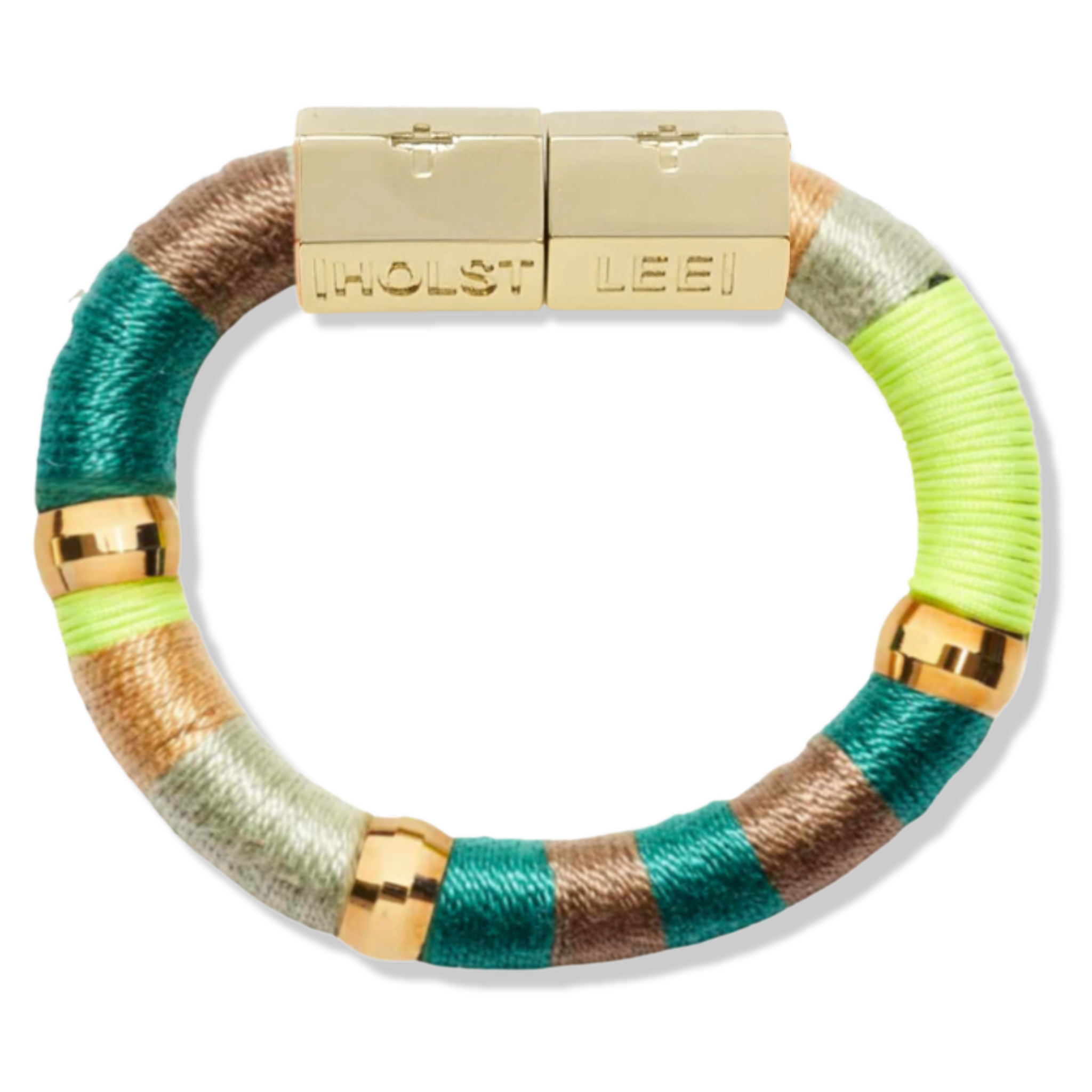 Neon Yellow, brown, teal thread wrapped bracelet with gold magnetic clasped bracelet and gold ferrule accents by HOLST+LEE 