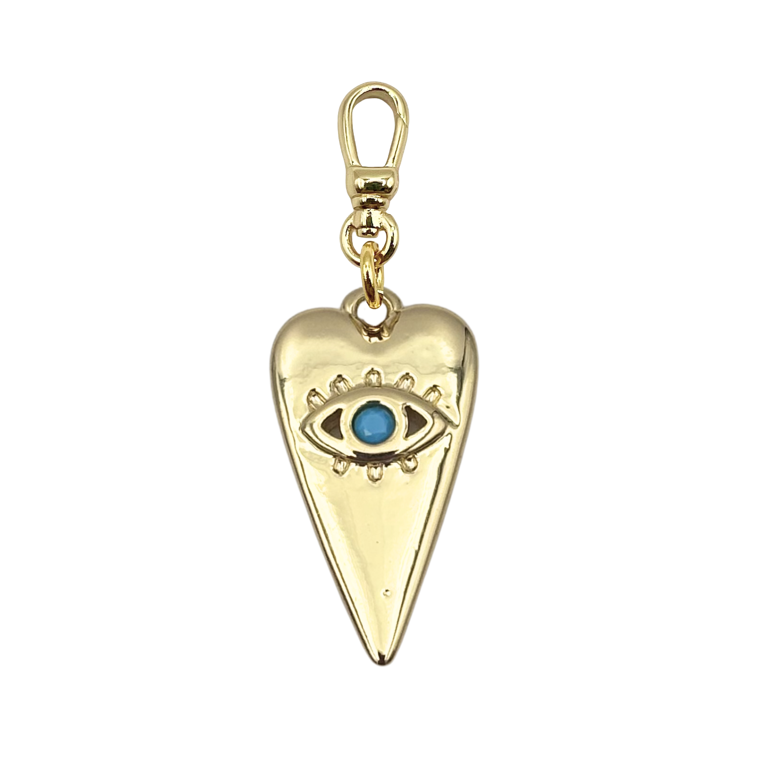 Elongated gold heart charm with an evil eye motif featuring a turquoise gemstone center with gold charm clip by HOLST+LEE