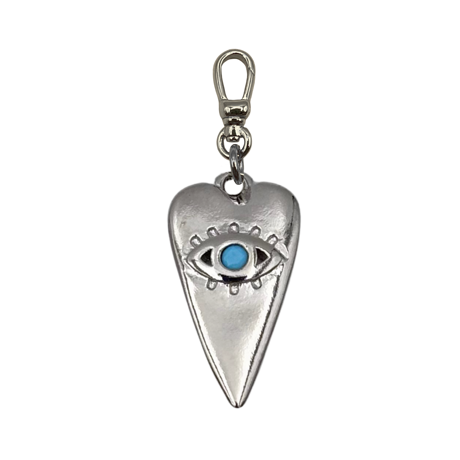 Elongated silver heart charm with an evil eye motif featuring a turquoise gemstone center with gold charm clip by HOLST+LEE