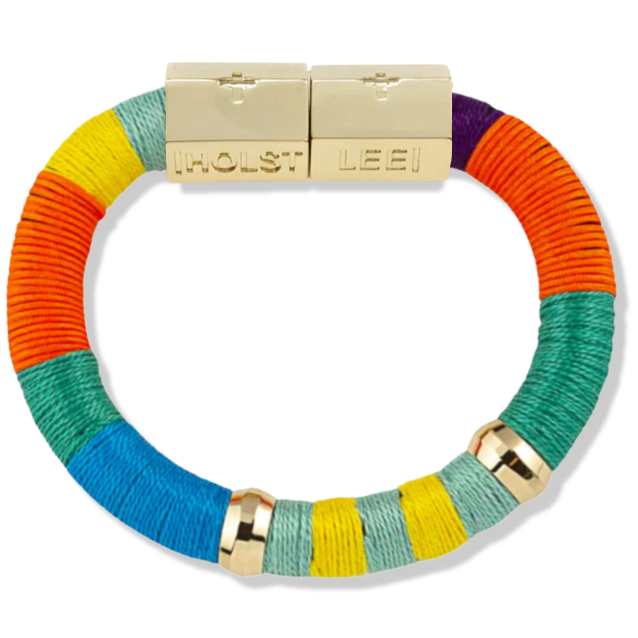 Yellow, orange, blue, and teal thread wrapped bracelet with gold magnetic clasped bracelet and gold ferrule accents by HOLST+LEE 